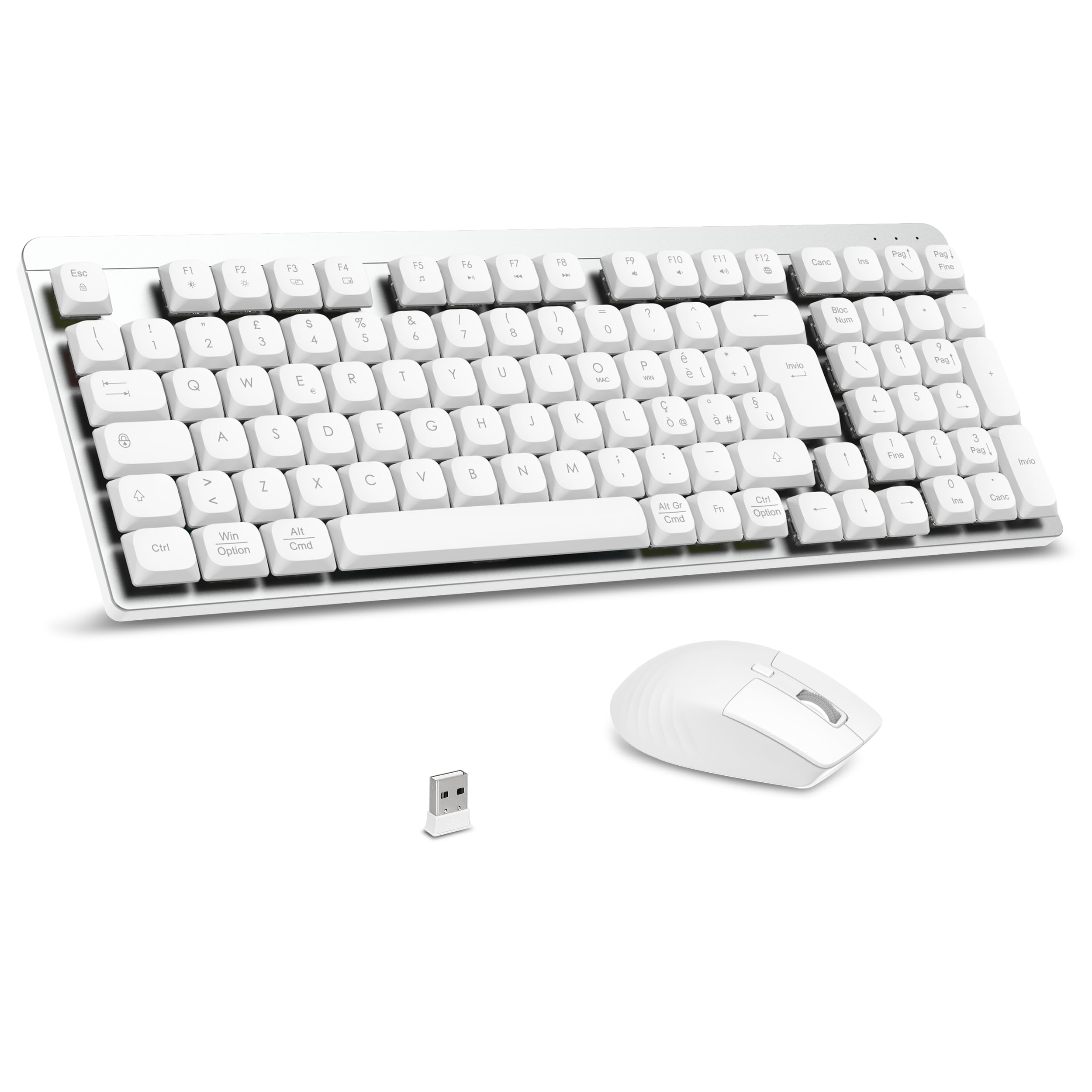 LeadsaiL Tastiera e Mouse Meccanica Wireless FA98, Basso Profilo Switch Rossi Tastiera senza Fili con ricevitore 2.4G, 96% Keyboard, 98 Tasti, Silenzioso, Italian QWERTY per PC Mac/Windows-Argento