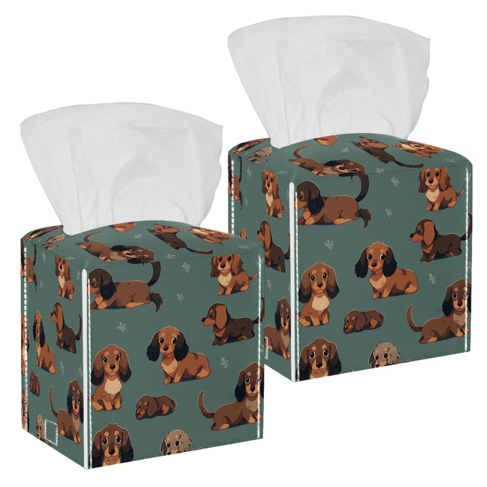 Cartoon Dog Tissue Box Cover, 2 Pack PU Leather Square Facial Tissue Dispenser Box holder for Home Office Car