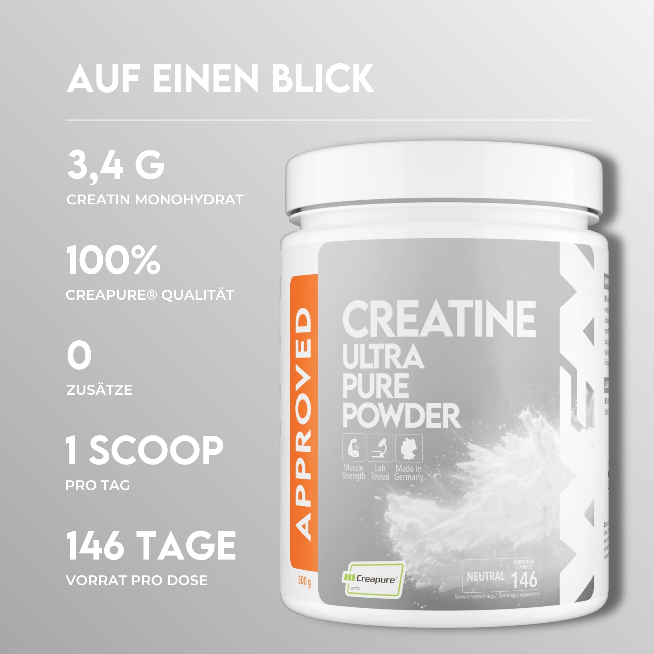WFN Approved Creatine - Creapure - Creatin Monohydrat Pulver - 500g Dose - Reines Kreatin Pulver - Vegan - Neutral & Ohne Zusätze - 146 Portionen - Made in Germany - Extern laborgeprüft