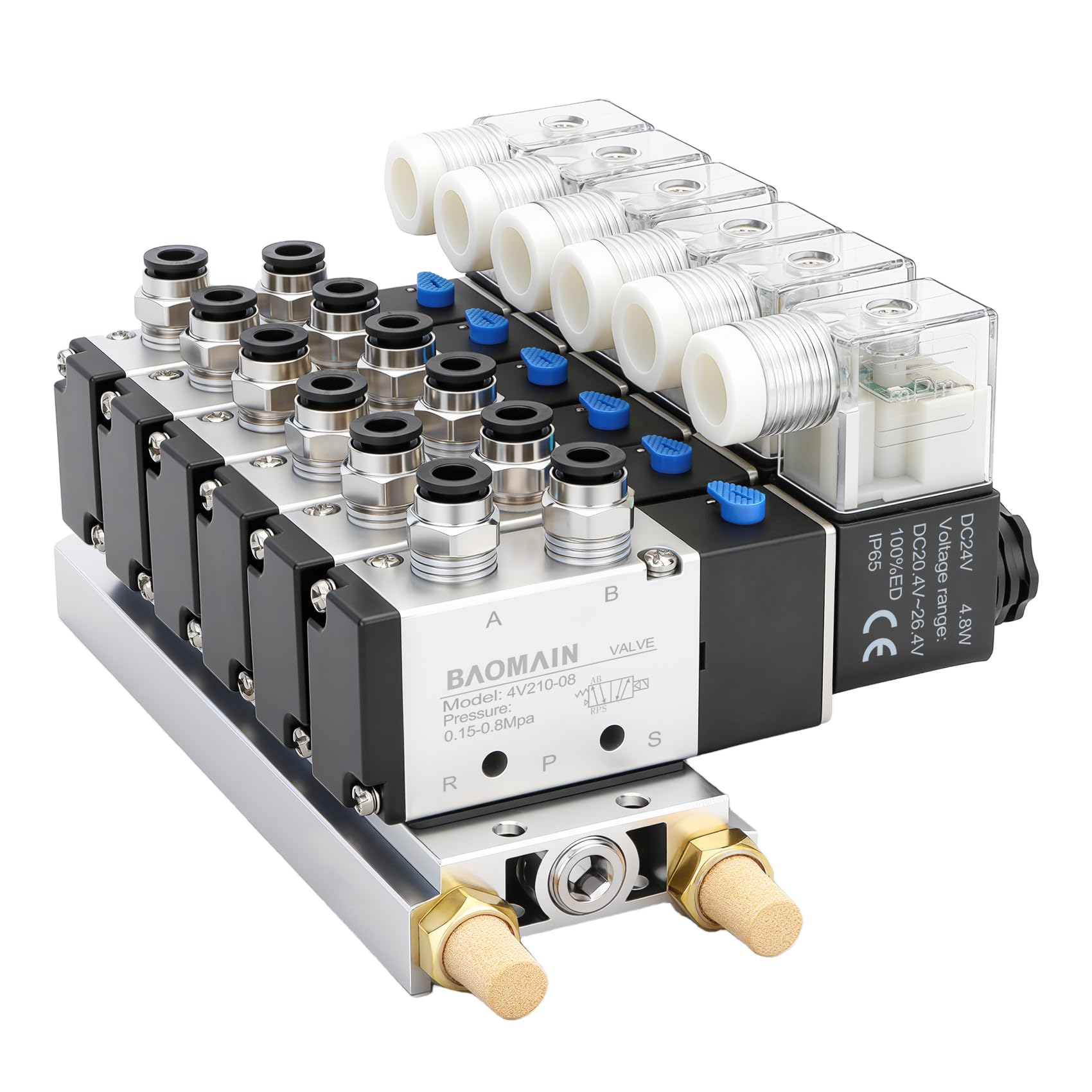 BAOMAIN 24V DC 5/2 Pneumatic Solenoid Valve 6 Station 4V210-08 Manifold Kit | Includes 6-Station 4V210-08 24V DC Solenoid Valves, 1/4" PT Manifold Base, Silencers, and Fittings, for Pneumatic Setup