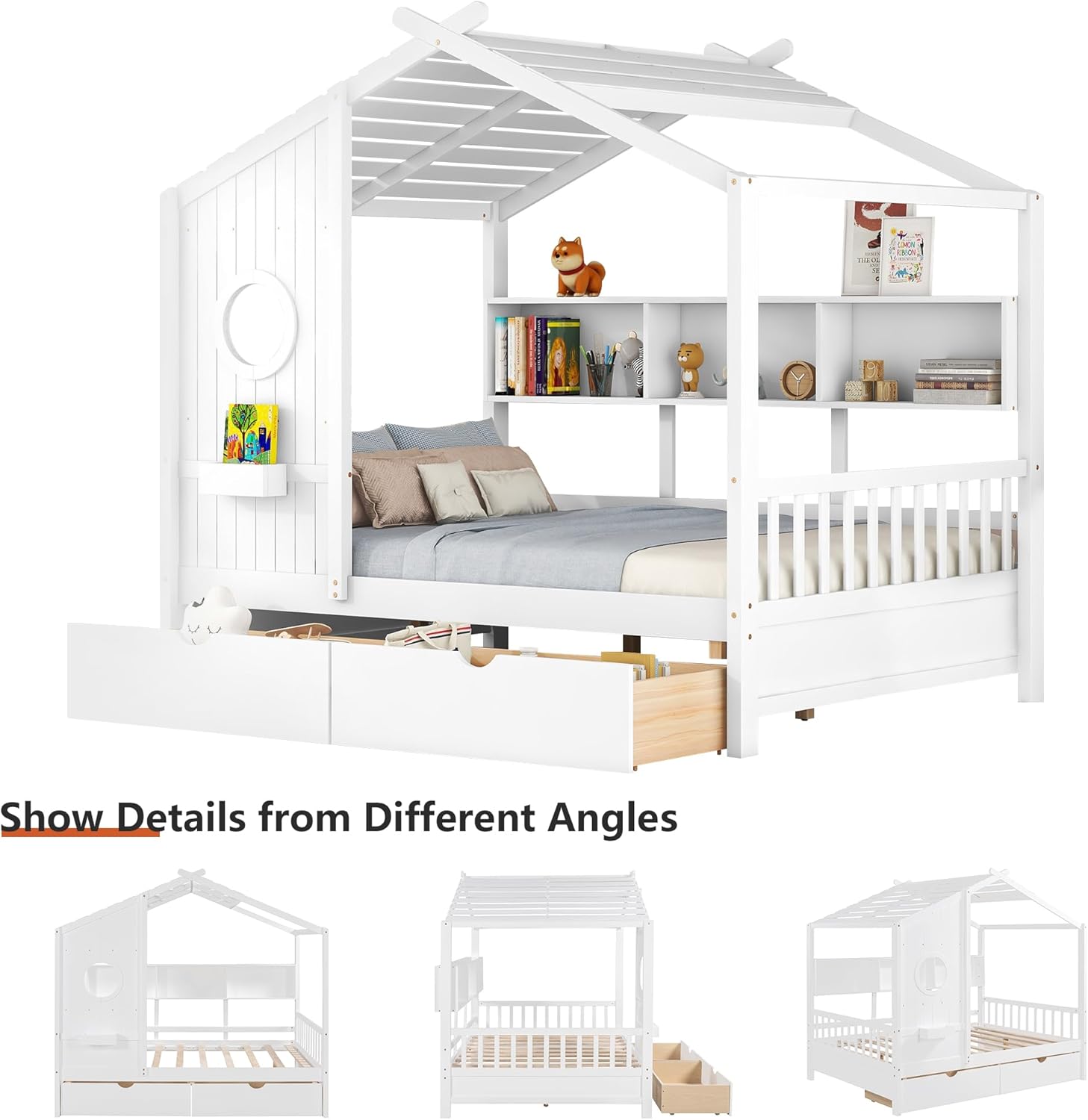 Full Size Bed Frames for Kids, House Bed with Window and Fence, Wood Platform Bed Frame with Drawers and Shelves, Playhouse Bed for Boys Girls, White, 78" L x 58" W x 72" H