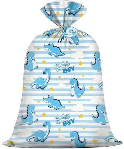 KIDAJOY Bolsas de regalo de plástico extra grandes de dinosaurio para baby shower, para niños, bolsa de regalo de dinosaurio azul gigante con