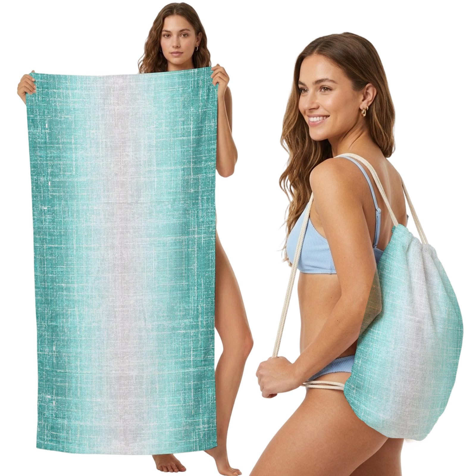 Beach Towel Bag 2 in 1 Teal Linen Texture Bath Pool Towels Backpack Gradient Color Absorbent Beach Towel Soft Quick Dry Lightweight Packable Towels Drawstring Bag for Travel Camping Sports Yoga Picnic