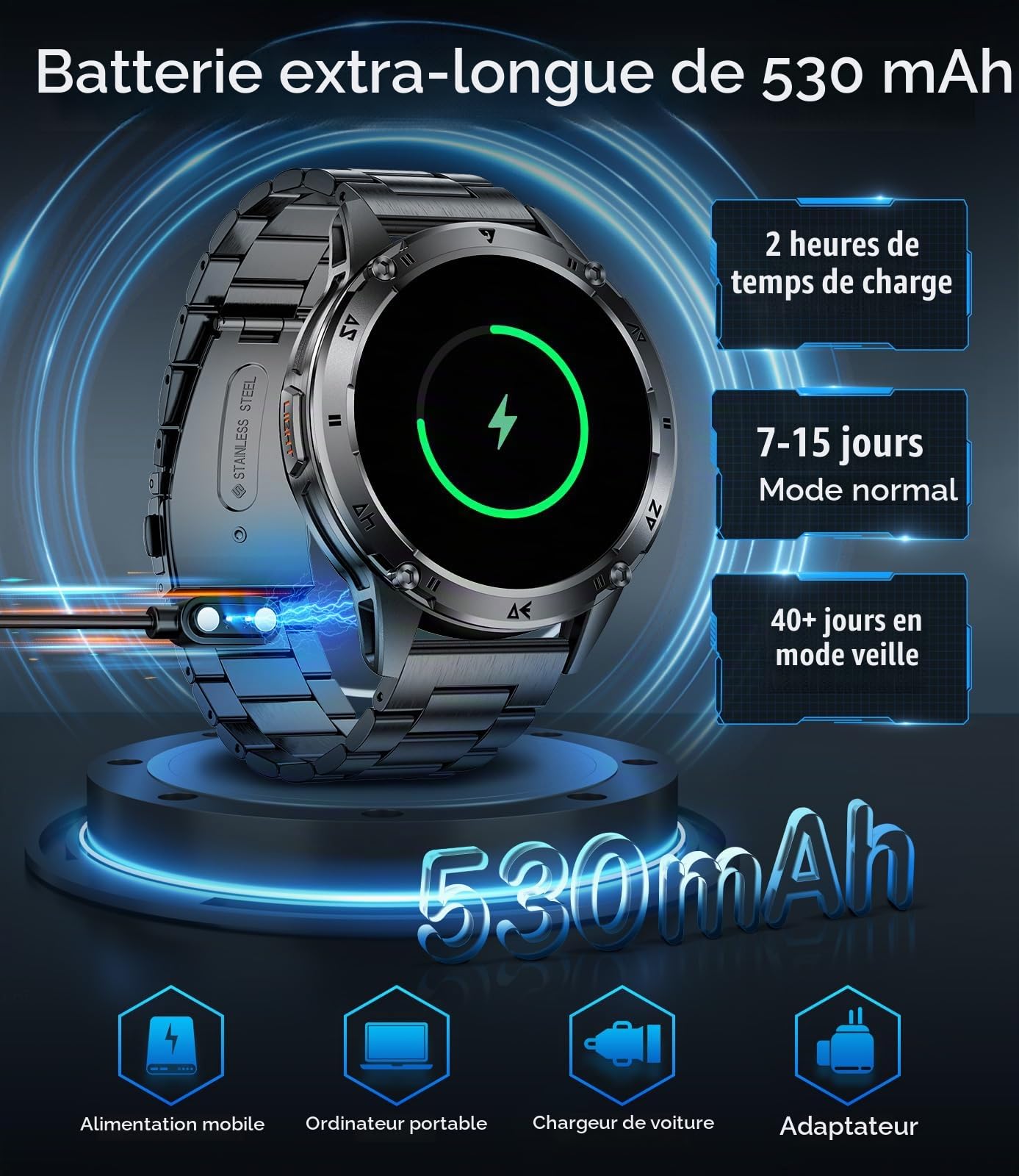 Montre Connectée Homme, Appels Bluetooth, 1,43" AMOLED Écran, Lampe Torche, 110+ Modes Sportifs, Montre de Fitness/Fréquence Cardiaque/Sommeil, IP68, Compatible Android et iOS, Noire