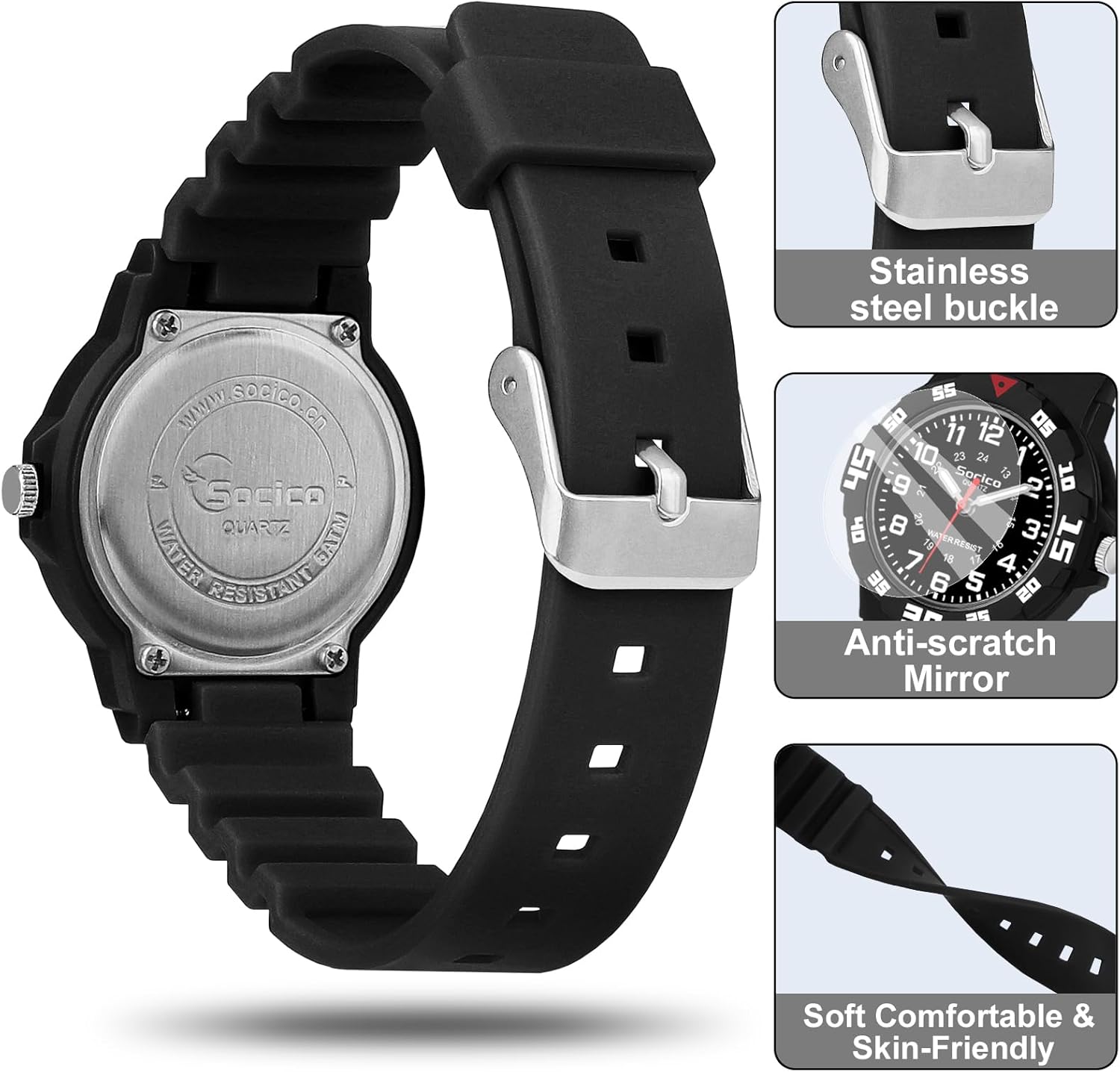 Detailed views of the watch components: a stainless steel buckle, an anti-scratch mirror, and the soft, comfortable, skin-friendly silicone band.