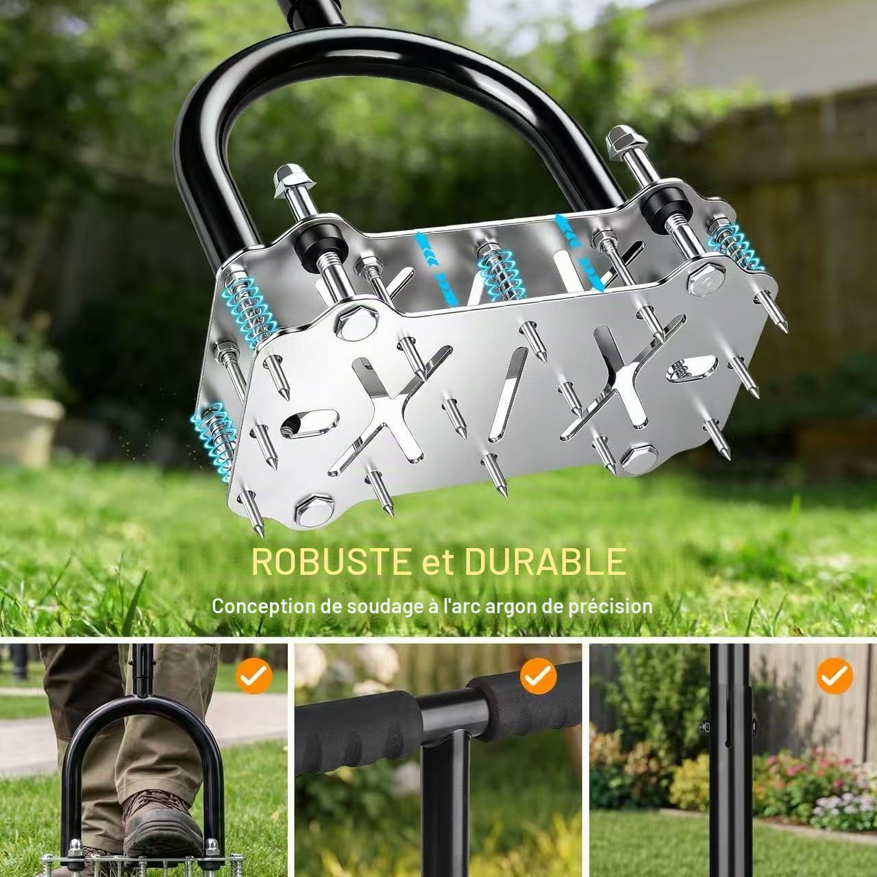 Aérateur de Gazon à 14 Picots, Aérateur de Pelouse Manuel avec Semelle Antidérapante – Scarificateur et Aérateur pour Sol Compacté, Outil d’Aération pour Gazon, Jardin et Pelouse