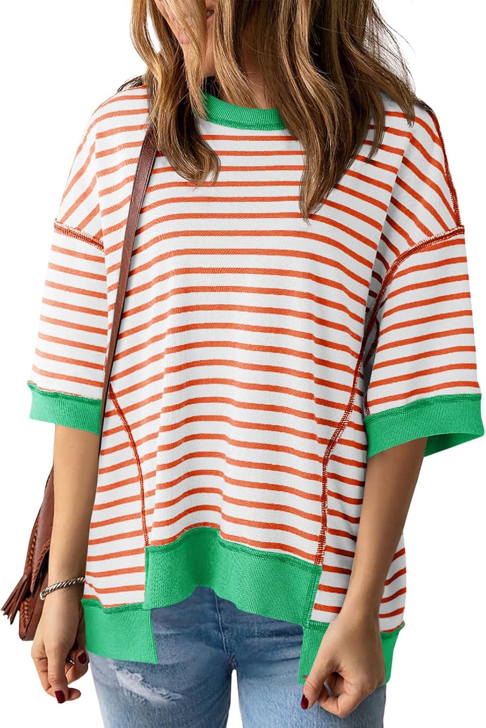 Tankaneo Womens Oversized T Shirts Striped Color Block Cotton Tops Summer Casual Half Sleeve Loose Fit Crewneck Sweatshirts - Image 2