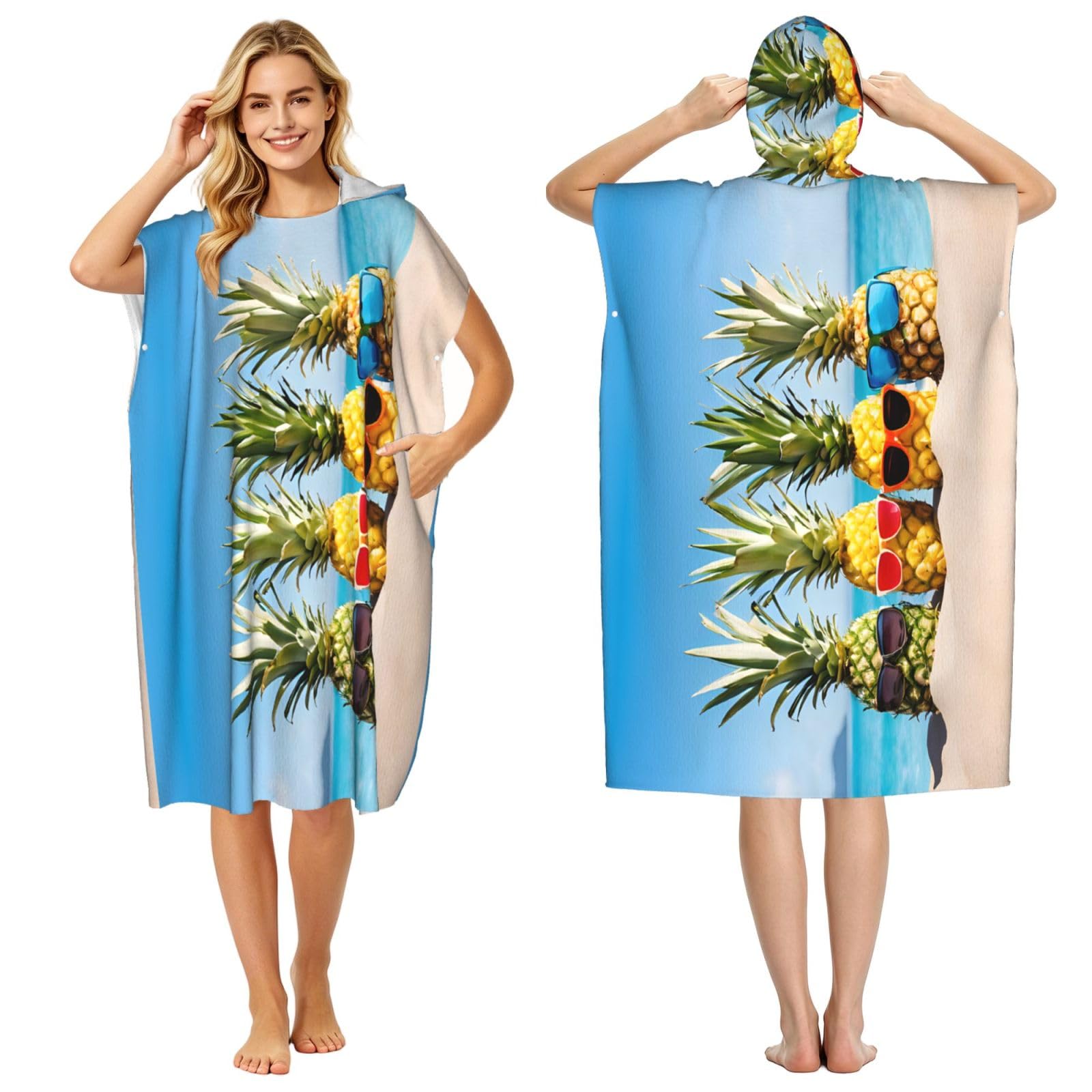 EZDLOWVBA Beach Pineapples Print Hooded Poncho Microfiber Beach Towel,Adult Women & Men Changing Robe,Lightweight Summer Surf Swim Bath Poncho Towel