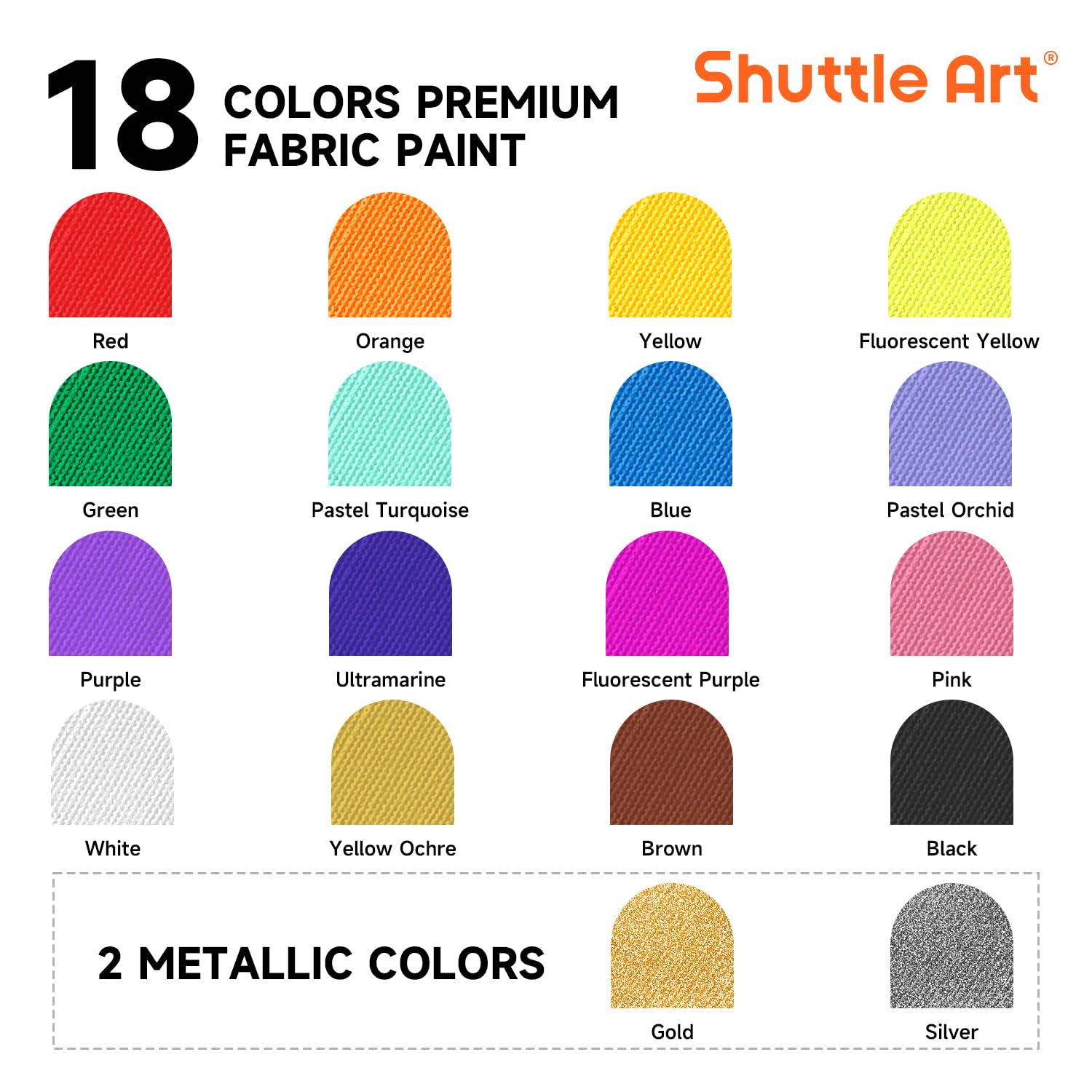 Shuttle Art Farba tekstylna nadaje się do prania w pralce, 18 odpornych na pranie farb do tkanin (po 250 ml) w butelkach z pędzlami, szablony, wodoodporne farby do tkanin dla dzieci na koszulkach