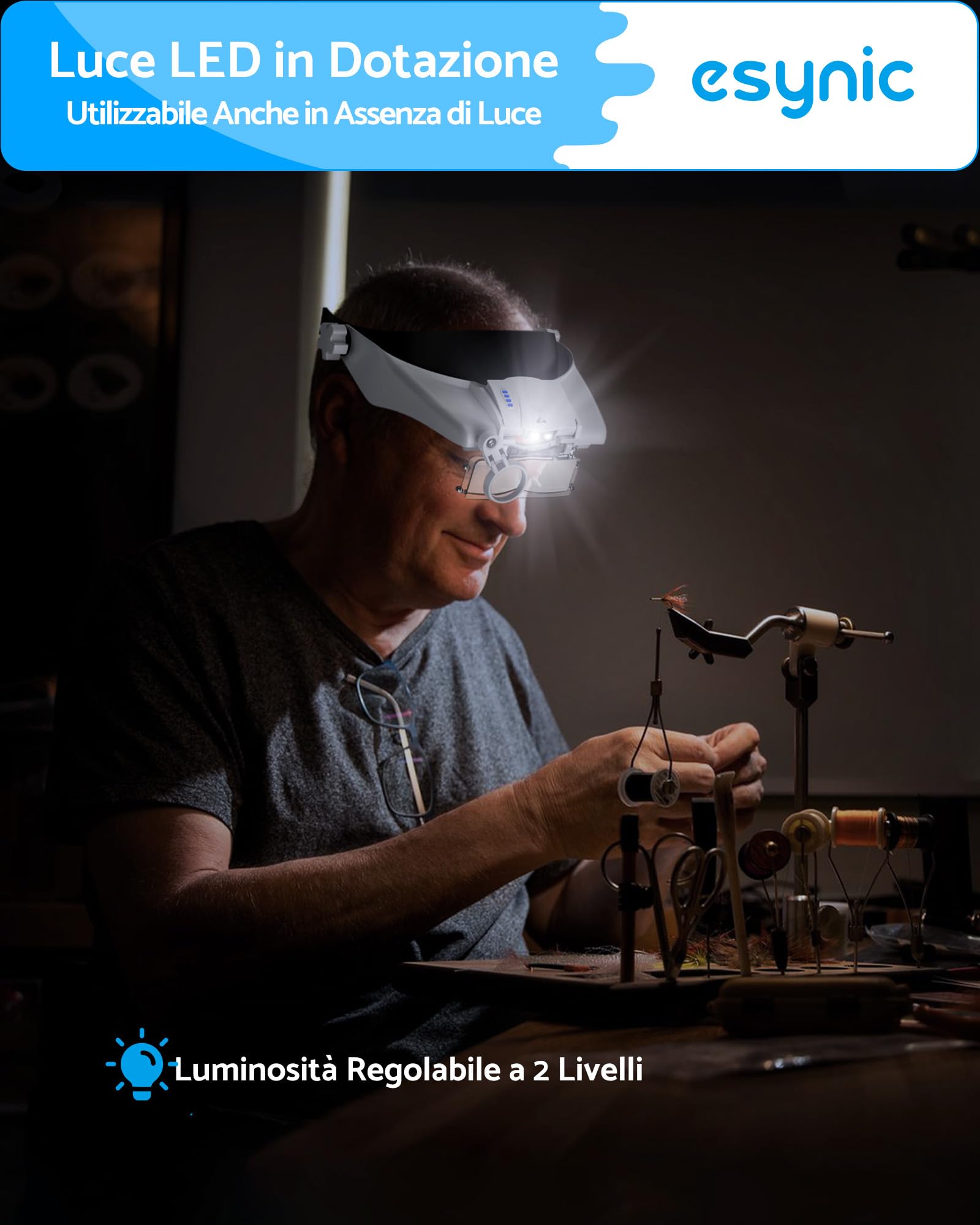 eSynic Lente di Ingrandimento Frontale con Luce 2 LED Lente d'Ingrandimento a Testa Ricaricabile con 5 Lenti 1.5-3.5X Fino a 13X Luminosità Regolabile per Ricamo Lettura Riparazione Gioielli