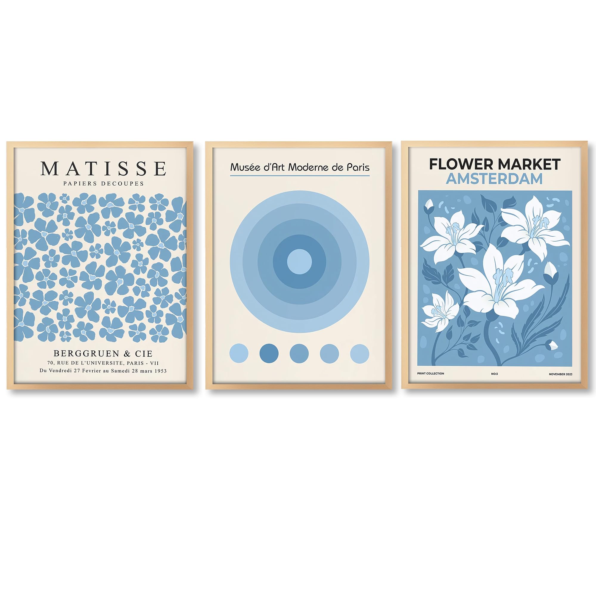 Ohhvvow 3pcs Blue Abstract Flower Canvas Wall Art, Light Blue Minimalist Wall Decor Boho Floral Prints Poster Aesthetic Pictures for Living Room Bedroom Bathroom, Unframed