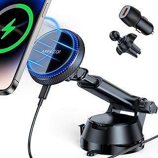 APPS2Car for MagSafe Car Charger Mount, Magnetic Wireless Car Charger Dashboard Windshield Vent Car Phone Holder Mount Charger for iPhone 14/13/12 Series, Qi 15W Fast Charging, 17 Strong Magnets