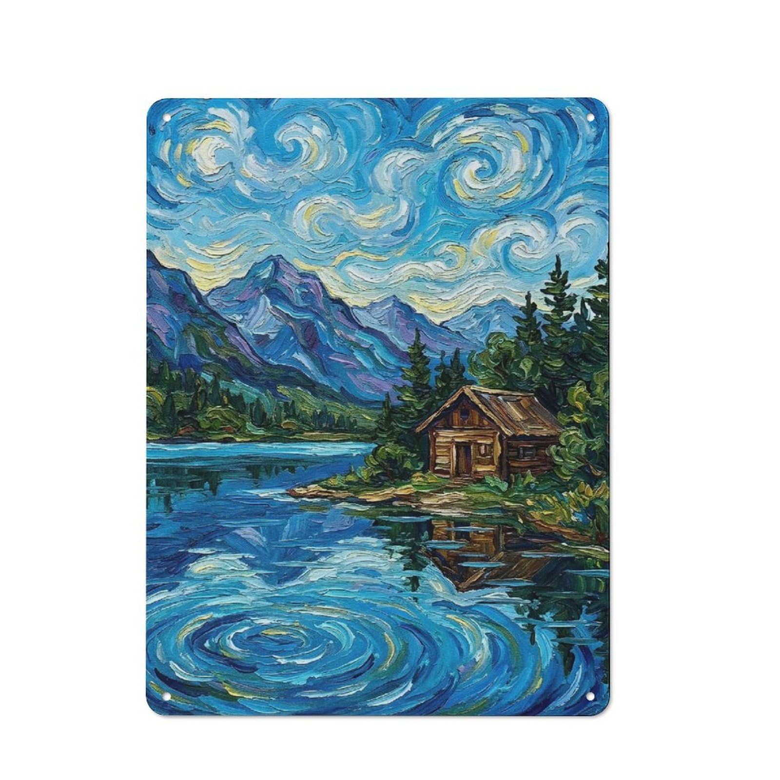 Junmoney Style-13 Tin Wall Plaque 40X30cm With Cabin By The Lake Painting For Hobby Room Or Studio, For Kitchen, Dining Room And Home Bar Wall Decor