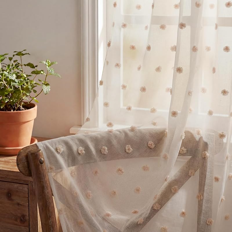 2Pcs Apricot Sheer Curtains 52x84in, Apricot Pom Pom, Boho | Farmhouse Living Room Bedroom Nursery Decor, Rod Pocket, Set of 2 Lightweight Panels, Light Filter Drapes
