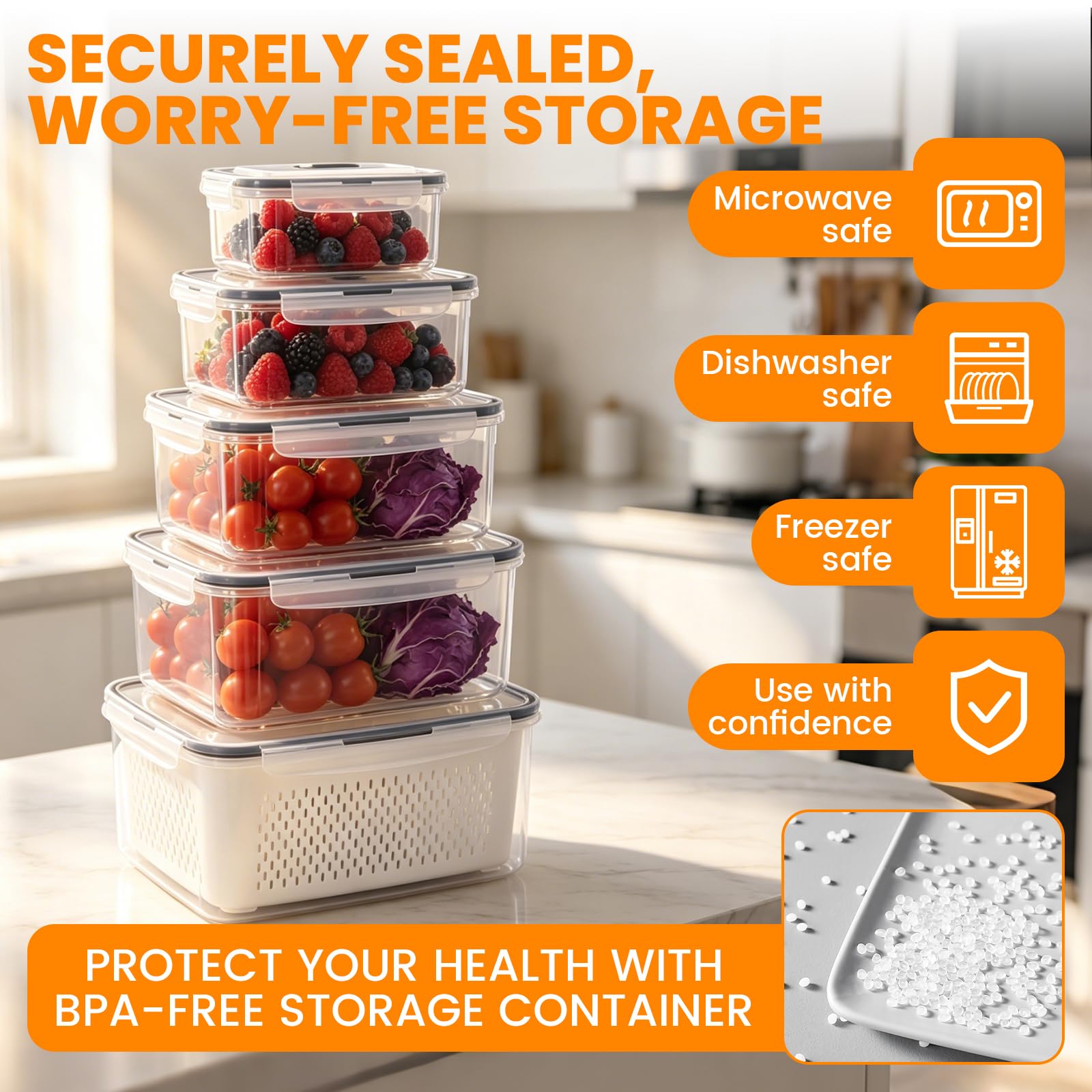 Juego de 5 recipientes herméticos para frutas y verduras, cajas de almacenamiento con tapa y colador, recipientes herméticos a prueba de fugas para guardar frutas