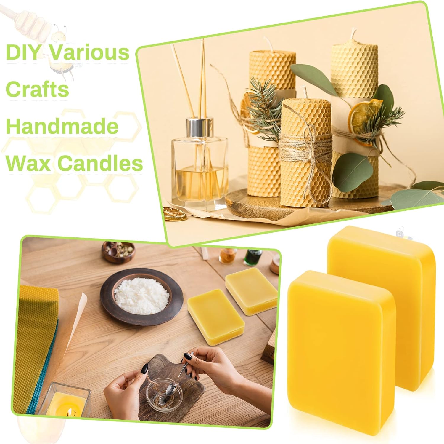 Treela 6 Pcs 1 LB Yellow Pure Beeswax Block Natural Beeswax Cosmetic Grade Wax Block for Moisturizer Lotions Creams Lip Balms Soaps Candle Making