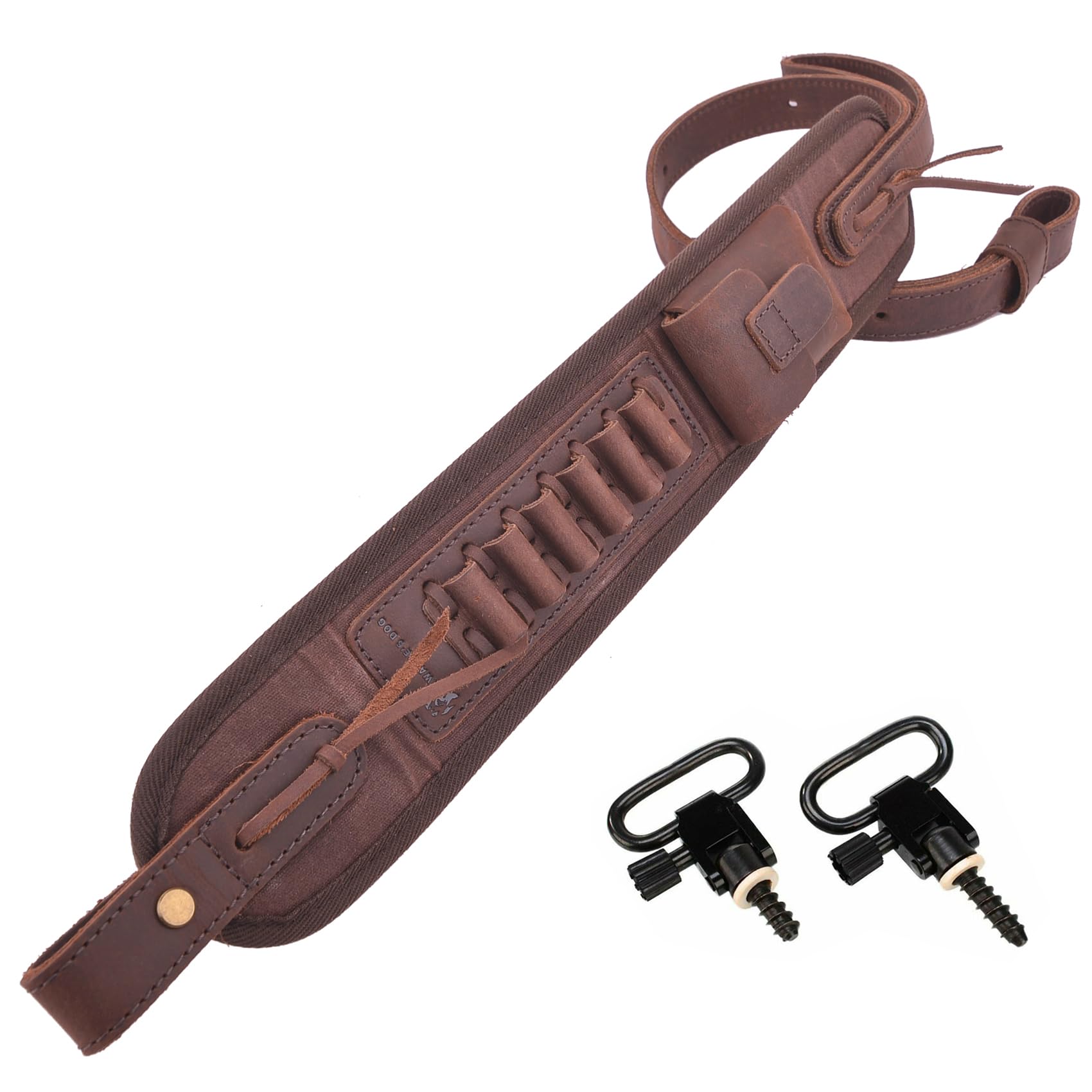 Genuine Leather Rifle Sling Gun Shoulder Adjustable Belt for .357 .30-30 .35 .38 Shell Slots (Coffee with Swivels)