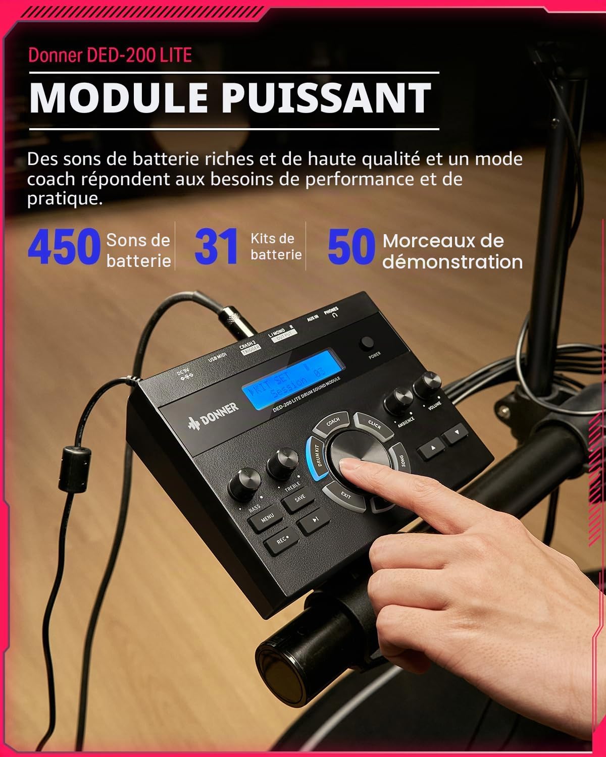 Donner DED-200Lite Batterie electronique pour débutants avec plus de 450 sons et 30 kits, MIDI USB, 4 pads silencieux en mesh, siège, casque, baguettes et 40 leçons mélodiques