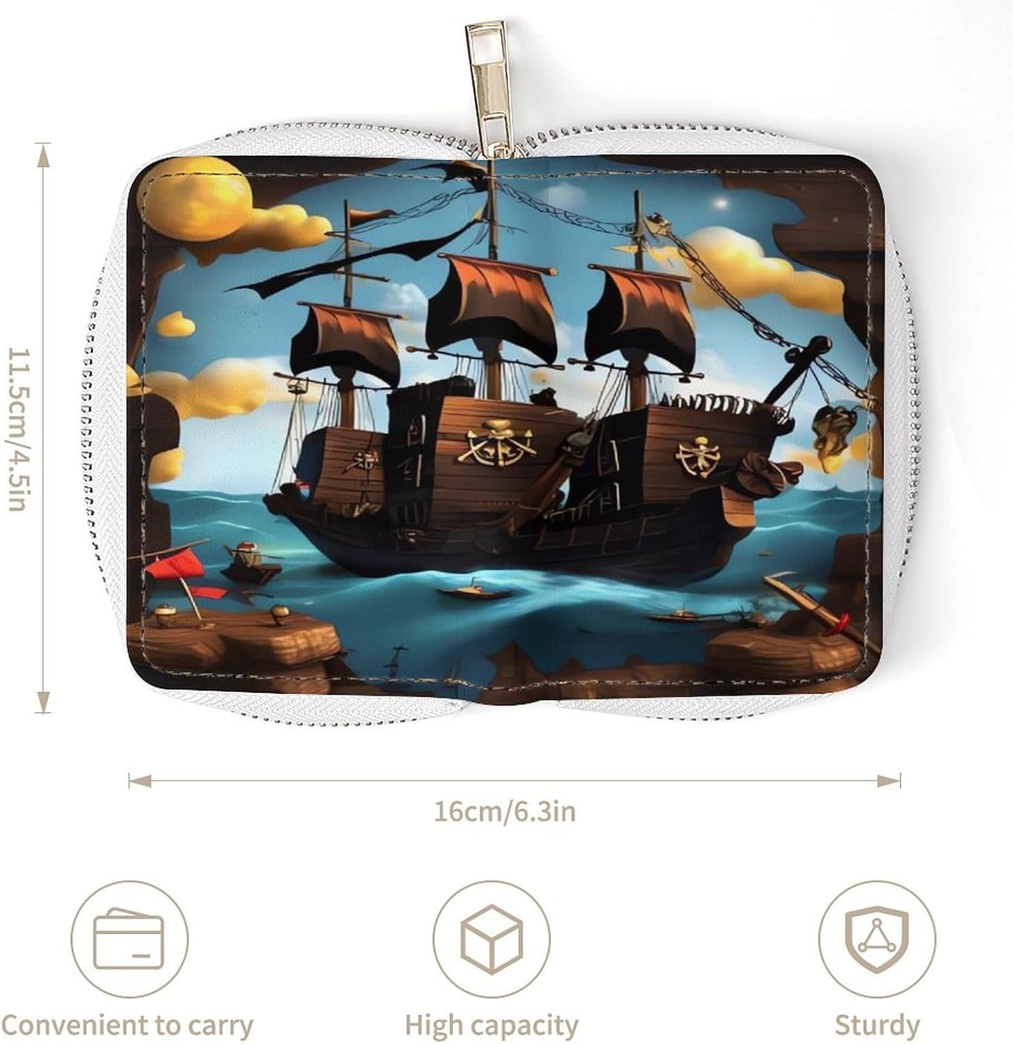 Leather Card Organizer Case Card Wallet Credit Card Holder Cartoon Ship Printed Zipper Card Cases Holder for Women Men