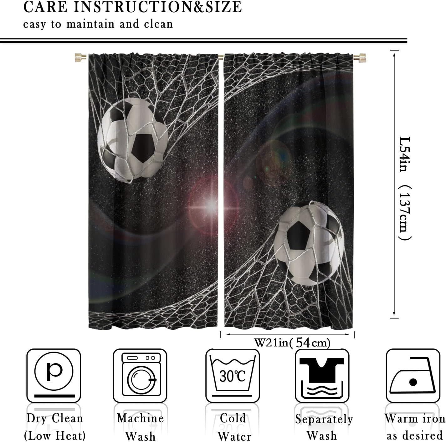 Sports Soccer Blackout Window Curtains, Soccer Balls Goal Match Success Concept in The Outer Space Winner Glory Theme, for Kids Boys Girls Teens Bedroom Living Room 21(W)*54(L) 2 Panels