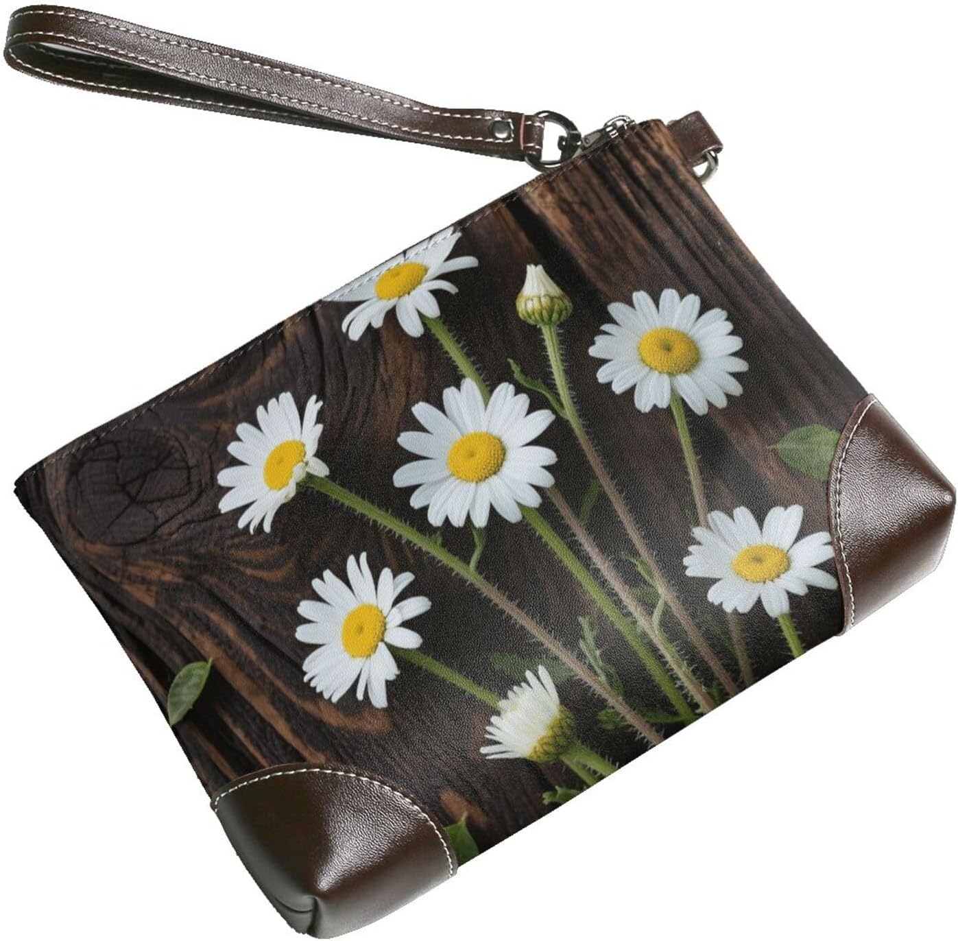 Daisy Wood Grain Leather Wristlet Wallet Clutch Purse for Women Handbags Travel Credit Card Holder Phone Bags