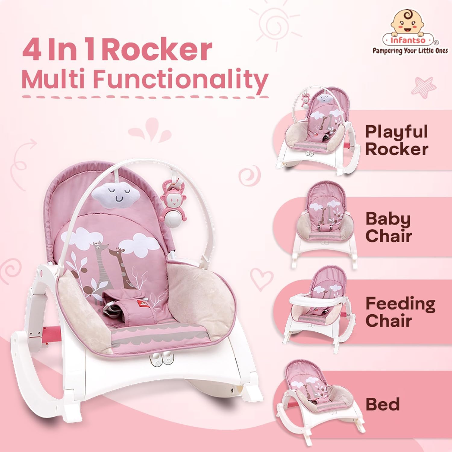 INFANTSO Baby Rocker & Bouncer for 0 to 2 Years (Pink), Chair for Newborn with Calming Vibrations, Music & Toys, with Feeding Tray 1