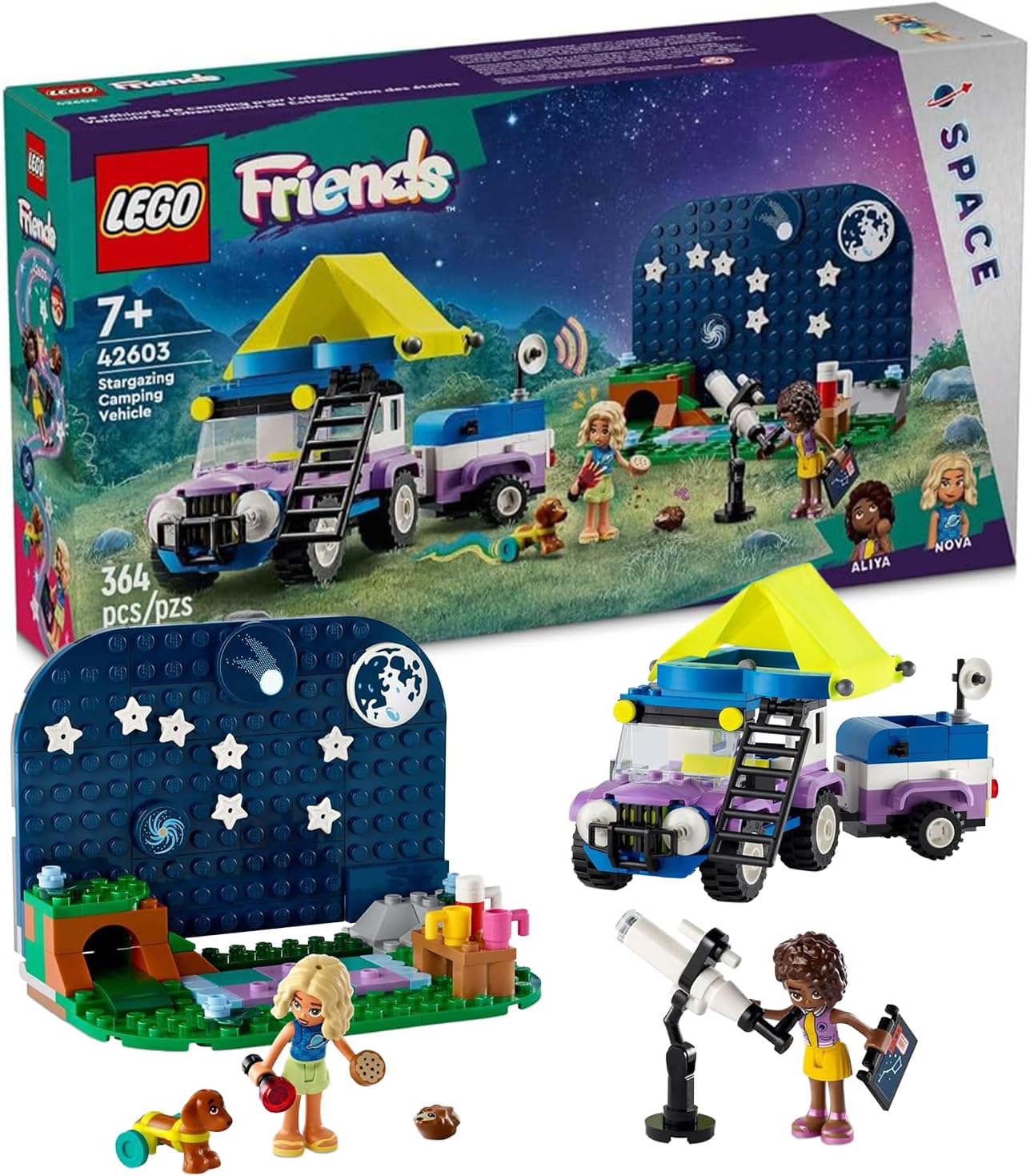 Friends Stargazing Camping Vehicle Adventure Toy, Includes 2 Mini-Dolls, Camping Trailer, Telescope Toy, and a Dog Figure, Science Gift Idea for Girls, Boys and Kids Ages 7 and Up, 42603