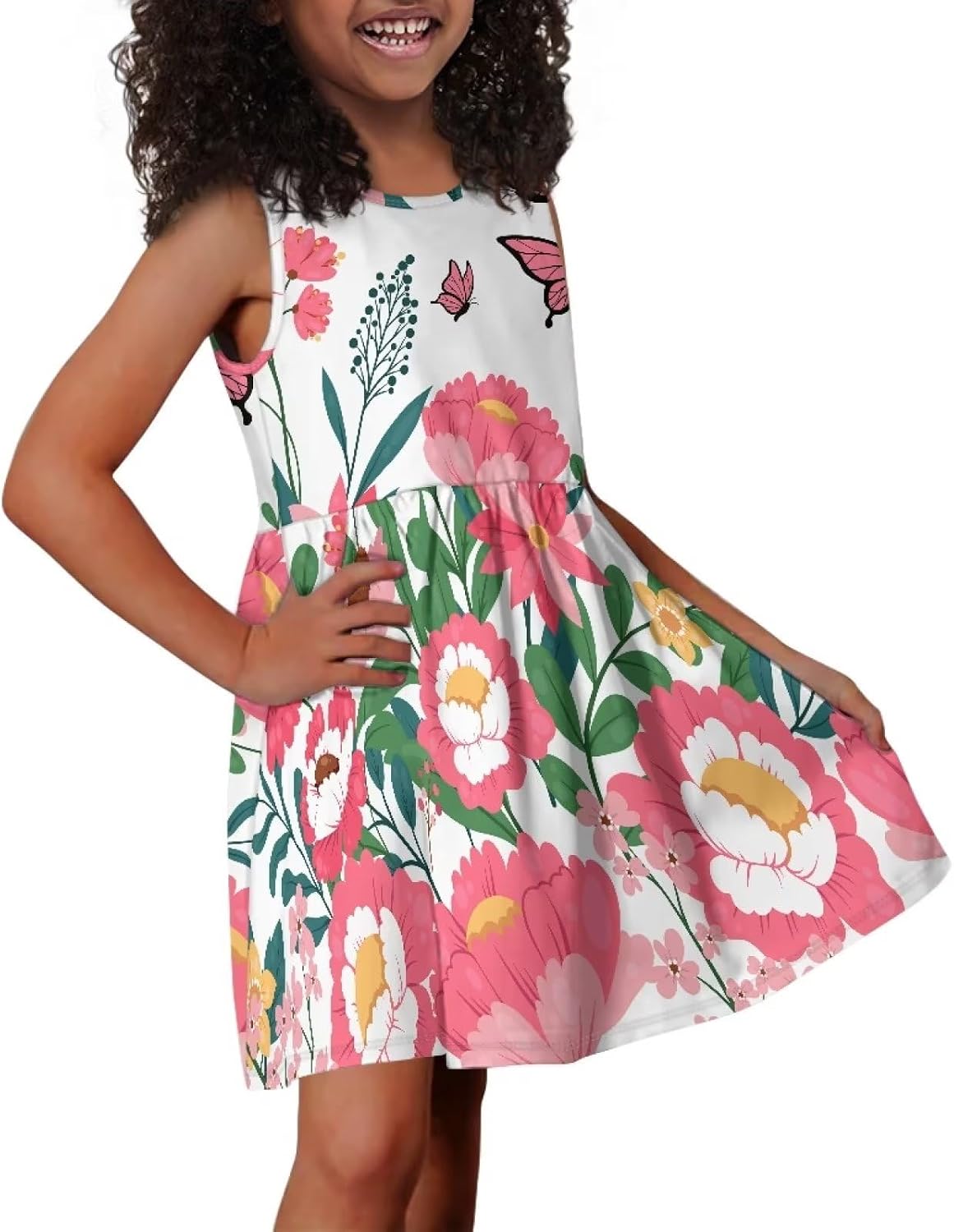 Cute Floral Sundress for Girls Loose Fit Swing Twirly Sleeveless Dress with Pockets