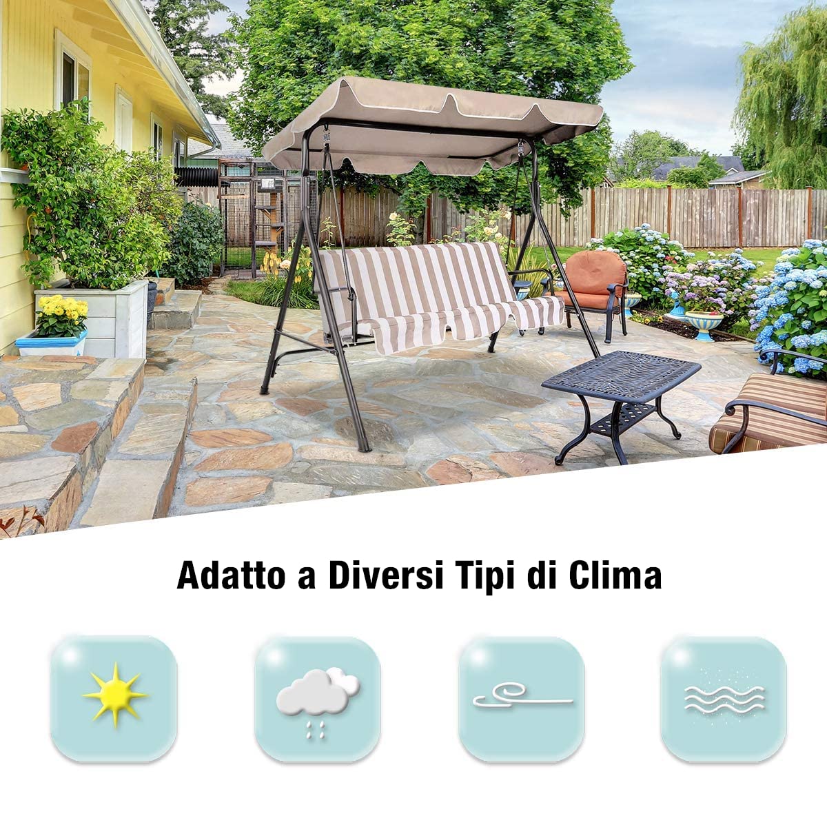 GYMAX Tettuccio per Dondolo 2/3 Posti, Tetto di Ricambio Anti-UV e Impermeabile (190 x 132 cm, BEIGE)