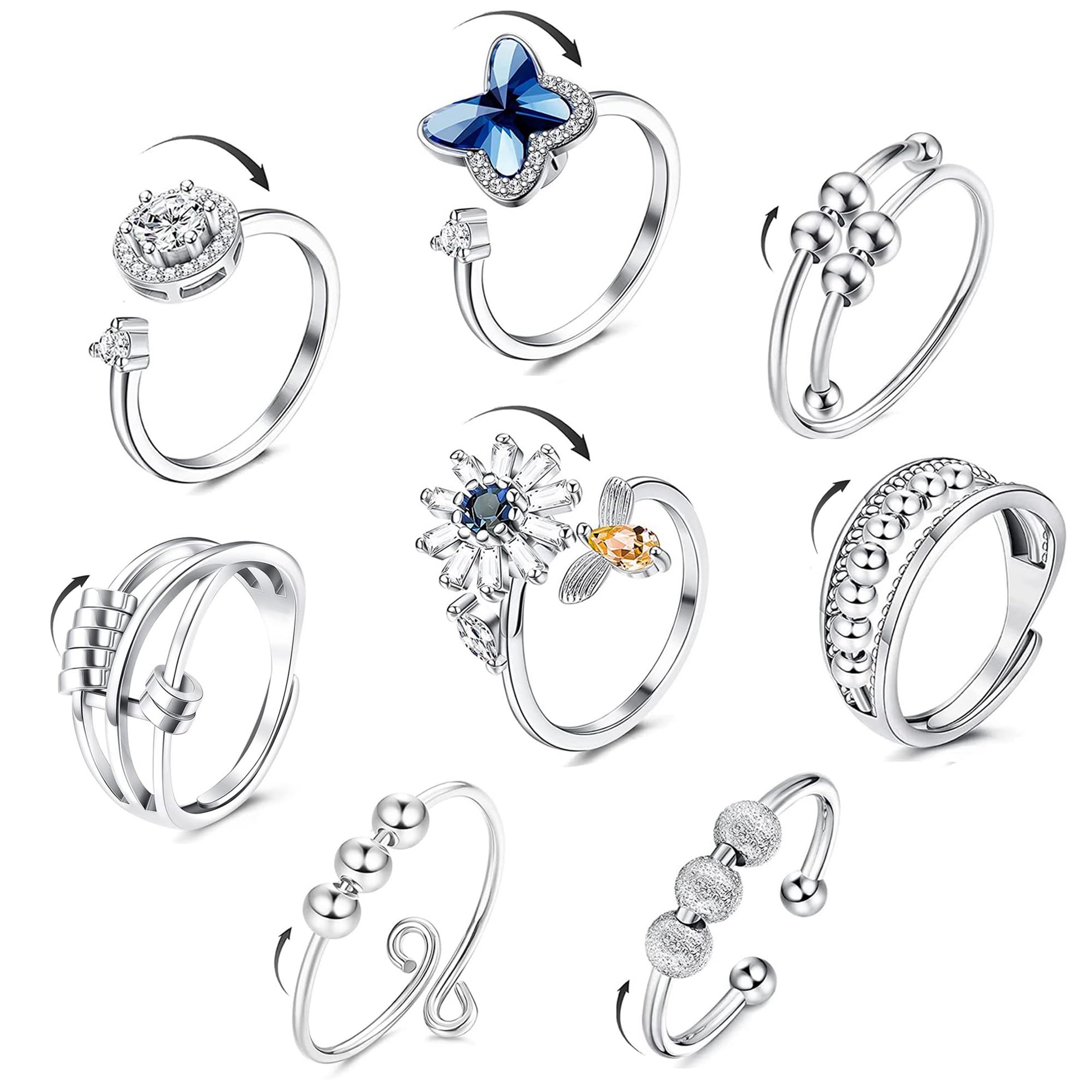 CASSIECA8Pcs Anxiety Ring for Women Silver Fidget Ring Adjustable Open Spinner Rings for Anxiety Butterfly Sunflower Beads Ring Anti Anxiety Relief Stress Stackable Ring