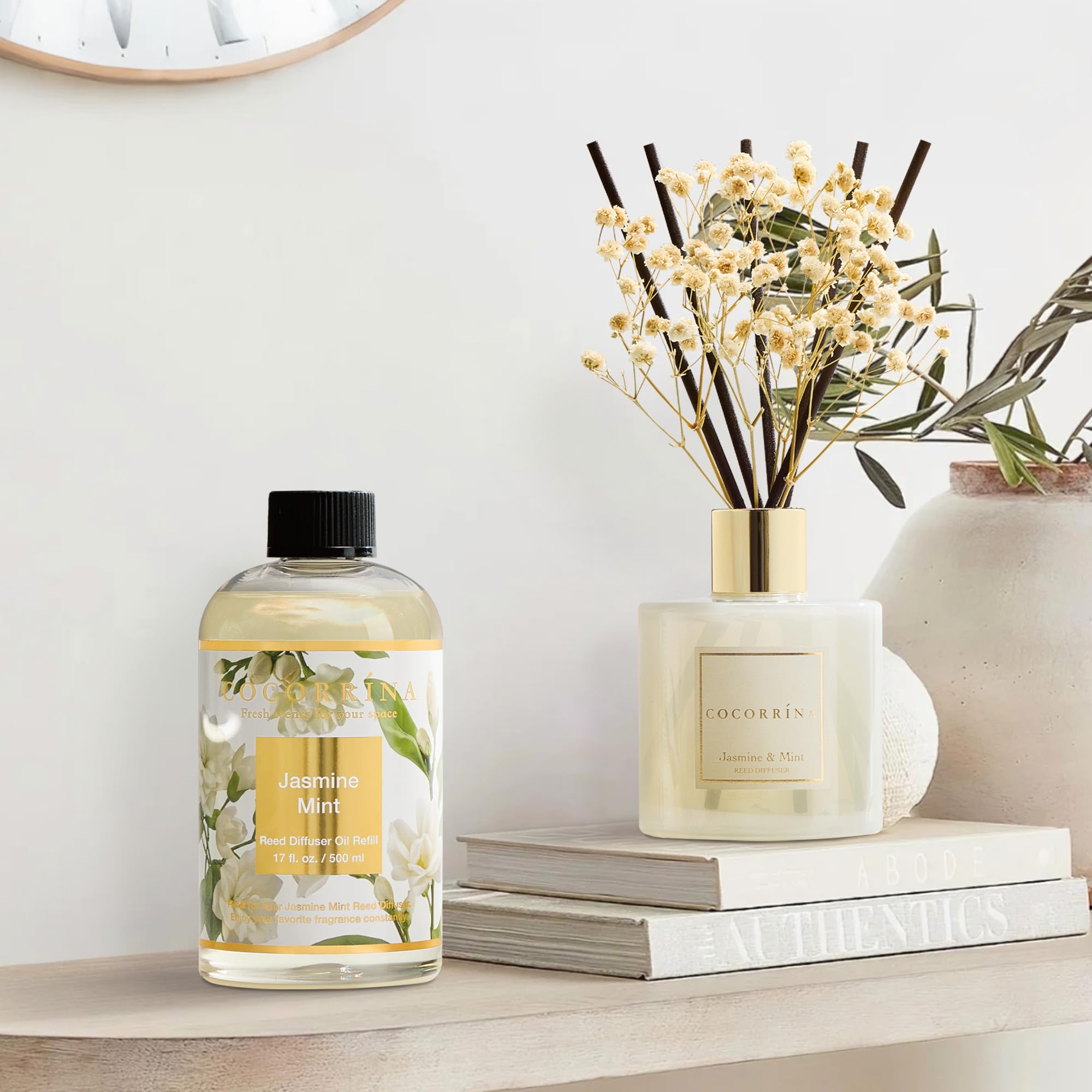 COCORRÍNA Ricarica Diffusore Ambiente 500ml con 8 Bastoncini, Jasmine & Mint, Profumo Lungo Durata con Oli Essenziali Naturali, Camera da Letto e Bagno