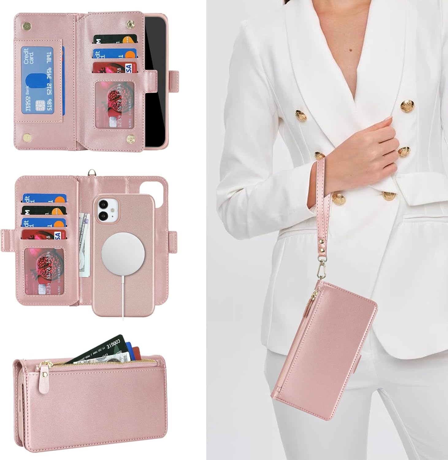 Jaorty for iPhone 11 Detachable Wallet Case, [Compatible with MagSafe] [Card Holder] [Zipper Pocket],2-in-1 PU Leather Flip Purse Kickstand Wrist Strap Magnetic Cover Men Women,Rosegold