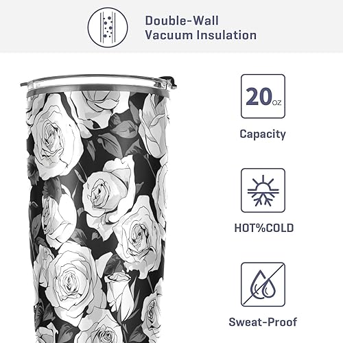 Miniatura 4 de Taza de acero inoxidable simple rosa en blanco y negro con tapa de pajilla, taza de café de viaje aislada para bebidas calientes y frías, taza de