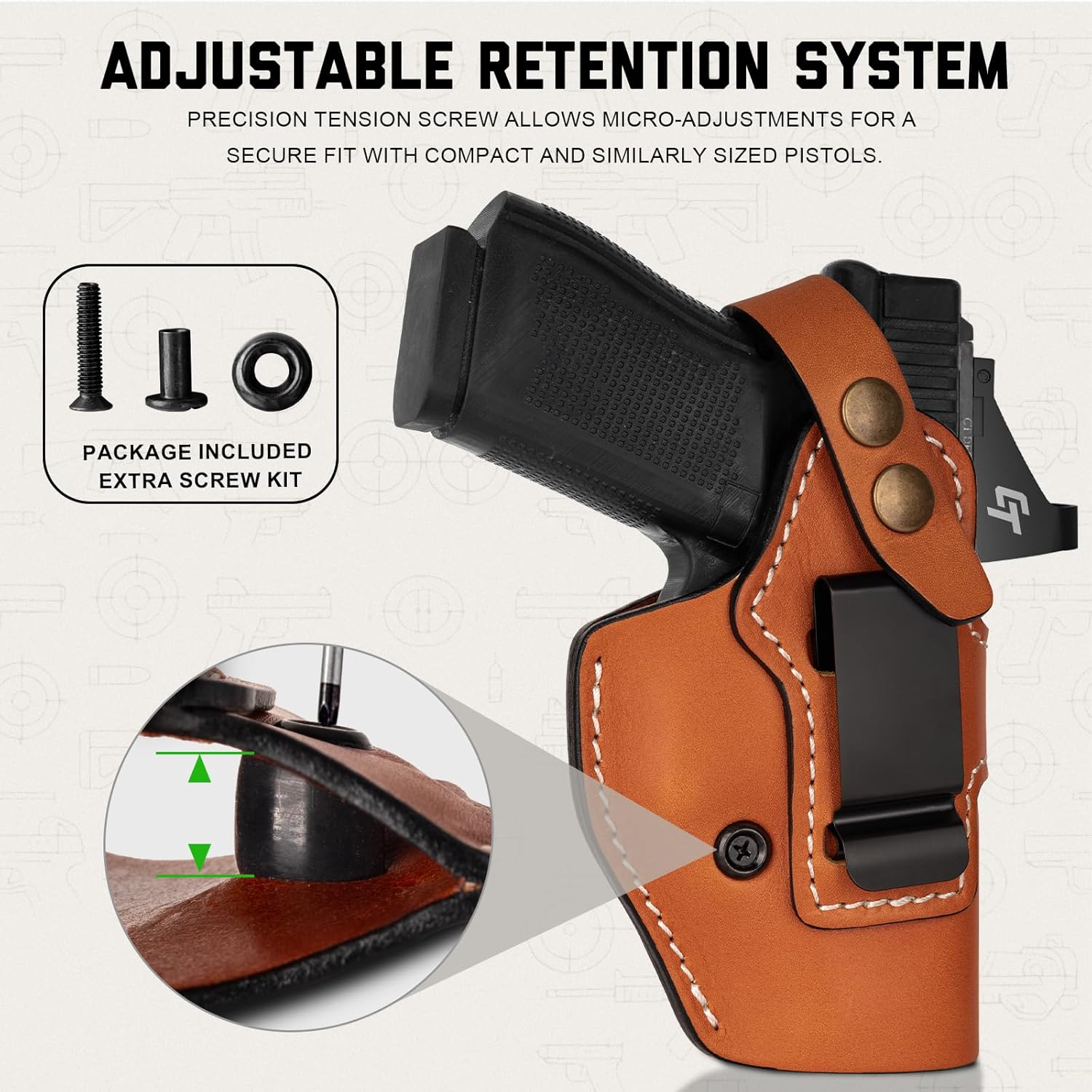 Universal Leather Holster for G19 G23 G26 G27, G2C G3C, P-10C, PPQ, SD9VE SD40VE, Security 9, Walther PPQ and Similar Size Compact Pistols – IWB and OWB Convertible, Optic Ready, Ambidextrous, Brown