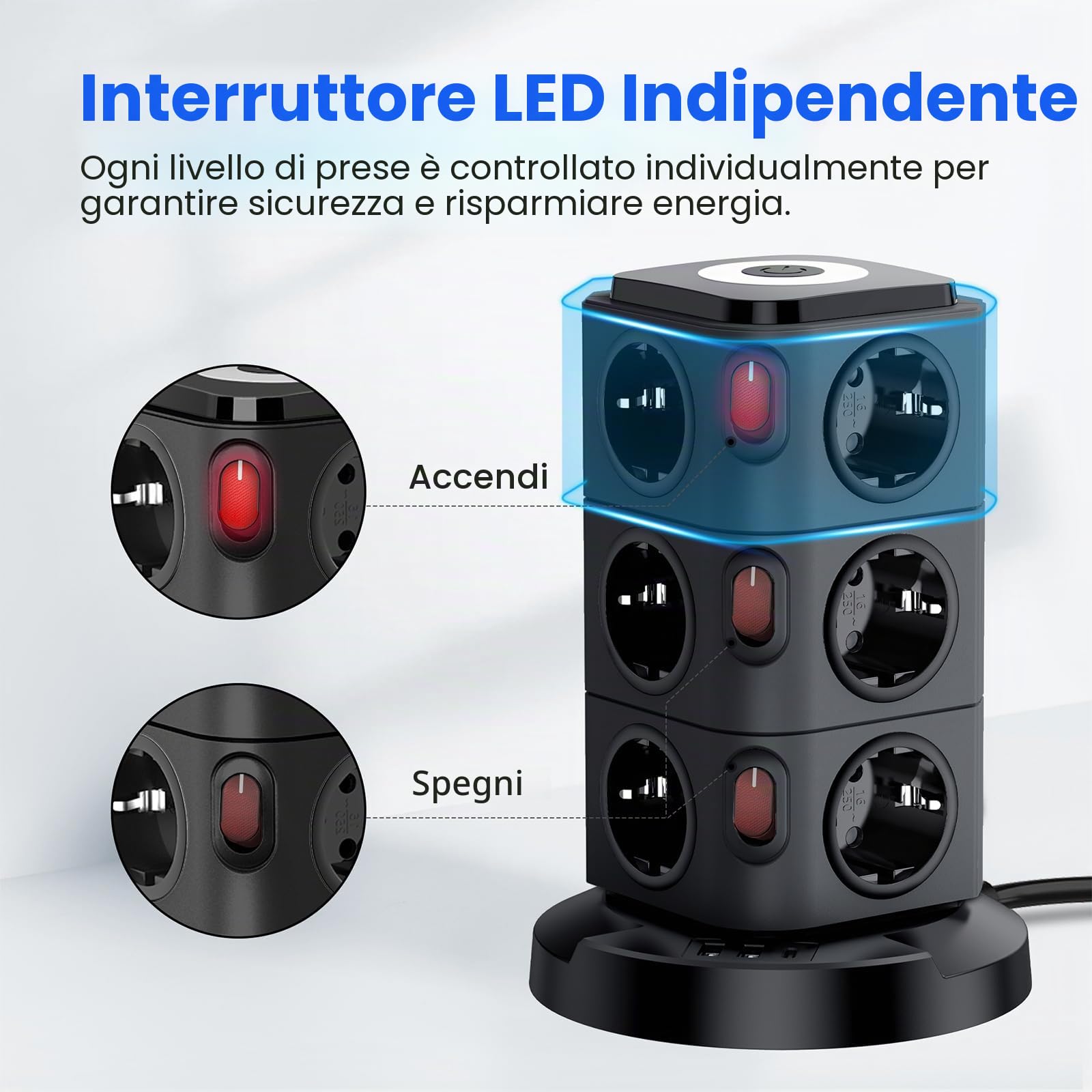 Ciabatta Elettrica Multipresa con 12 Prese, Torretta Multipresa Verticale da Scrivania, 2 USB A, 1 USB C Protezione Sovratensione con 4 Interruttori Indipendenti, Presa Multipla Cavo di Prolunga da 5M
