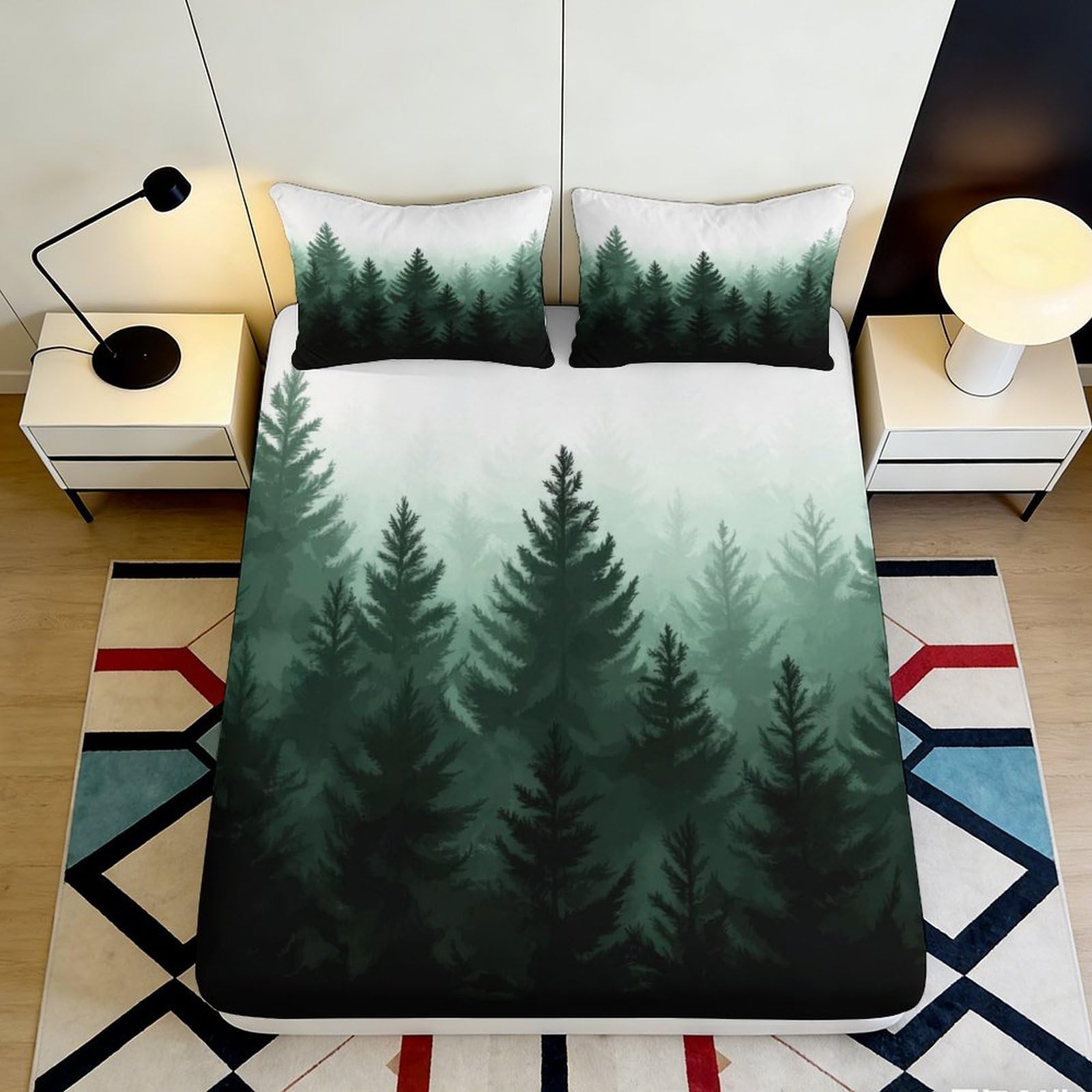 Pnayamiorkfel Style-1 3D Printed Misty Forest Fitted Sheet Microfiber Soft Green Pine Tree Bed Cover For Bedroom Guest Room Home Decor 90X200x25cm