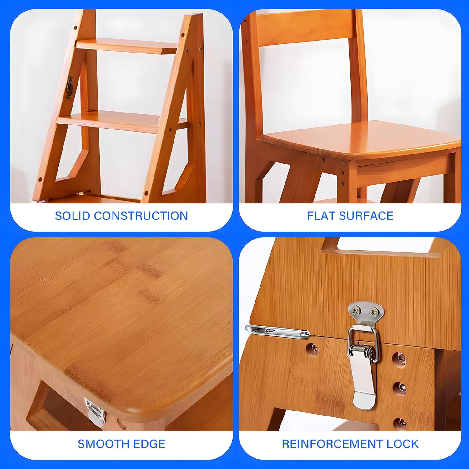 OCKYOOZ 4 Tier Folding Ladder Chair, 3-in-1 Solid Wood Step Ladder, Foldable Ladder Stool Shelf, Protable 4-Step Library Ladder, Multi-Functional Display Stand for Home Office (Size:14"L*18"D*35.4"H) - Image 5