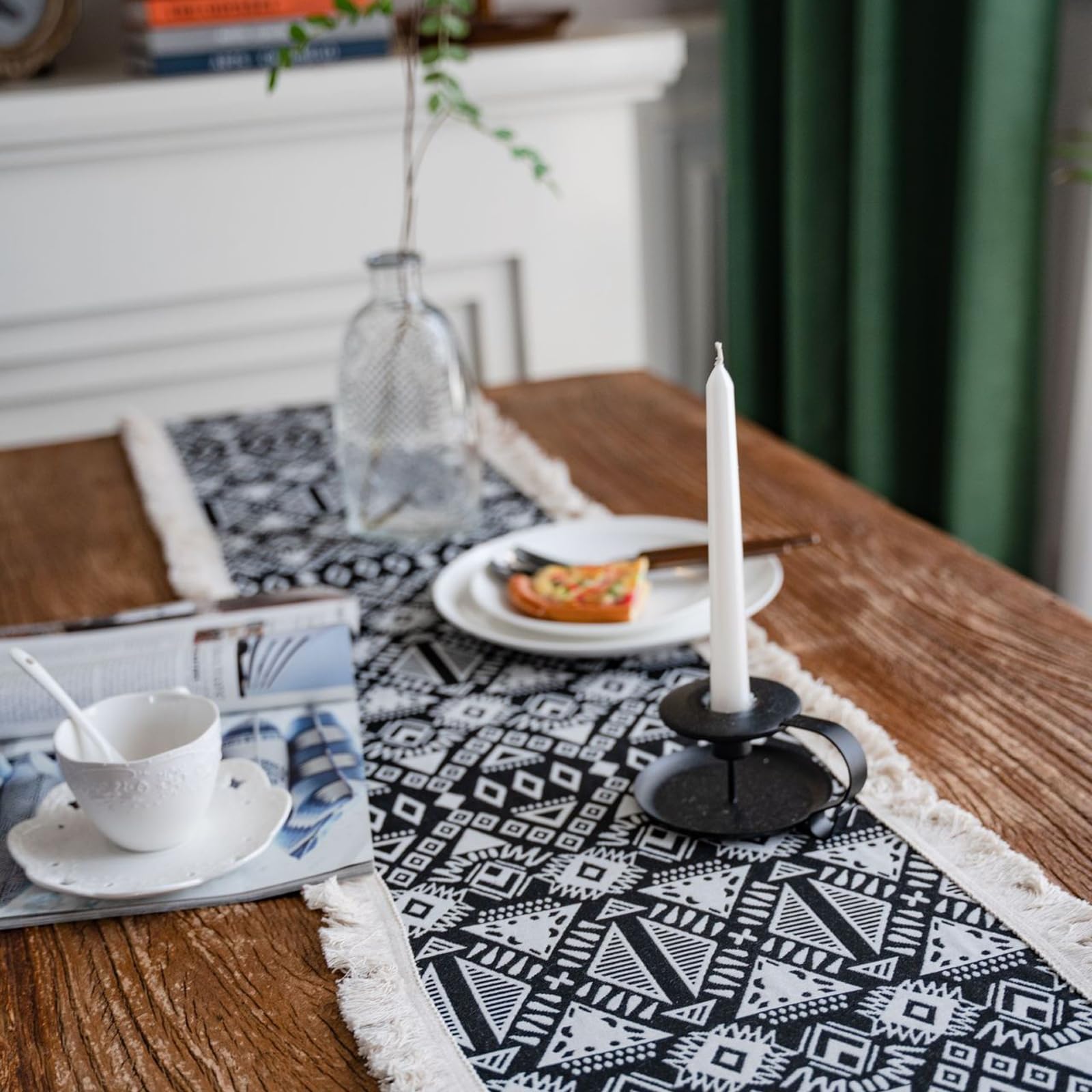 Runner da Tavolo Cotone Lino 30x240 cm, Runner da Tavola Moderno Lavabile Motivo Geometrico A Rombo Jacquard con Nappe Decorazioni per Sala da Pranzo Feste, Nero