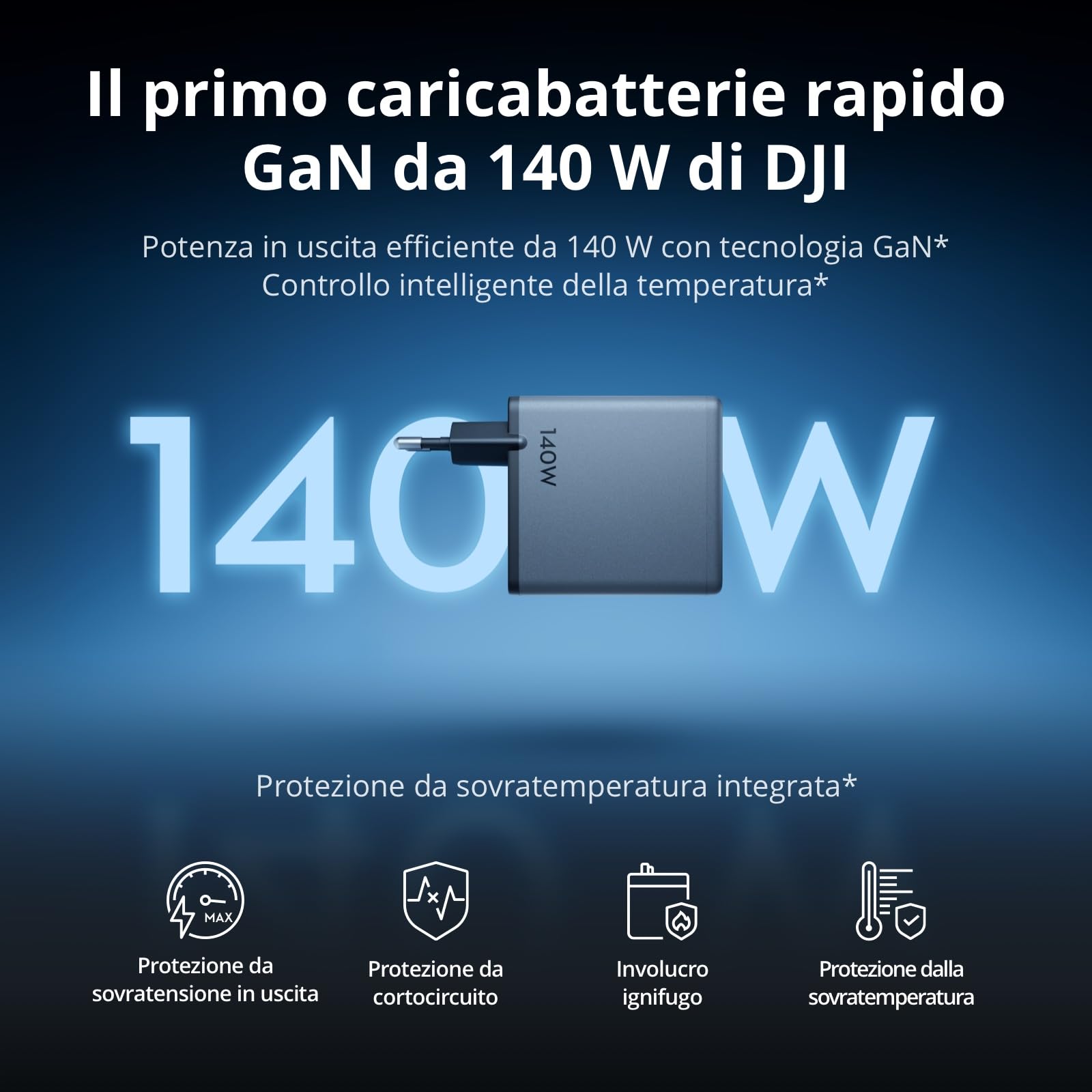Combo di ricarica GaN da 140 W DJI Power con cavo da 7 A con display (1 m) | Uscita da 140 W, 3 porte, controllo della temperatura, ricarica rapida, PD 3.1, caricabatterie per computer portatili