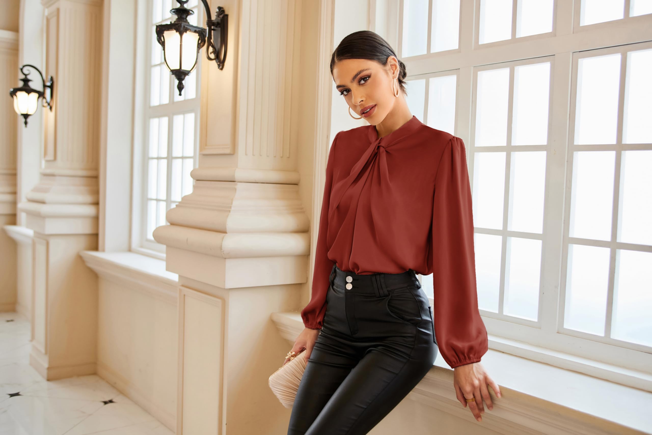 GRACE KARIN Blusa Elegante Donna Maniche Lunghe Tinta Unita con Bottoni Scollo a V da Ufficio Casual