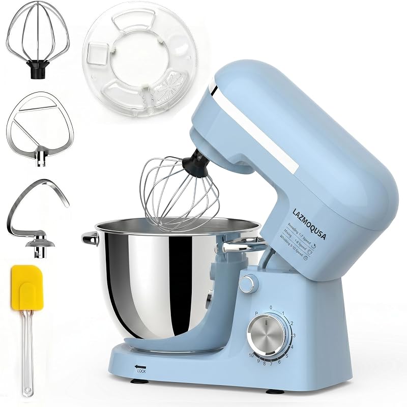 Batidora de pie, 6.5 cuartos, 660 W, batidora de alimentos con cabezal inclinable con más de 10 velocidades, acero inoxidable, multifuncional, para masa de pan y pasteles (azul)