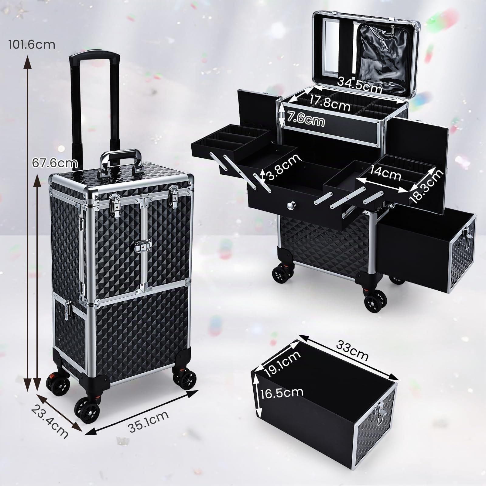 Maleta de Maquillaje con Ruedas Profesional, Maletín de Manicura y Peluquería con Espejo, Cajón Deslizante y Asa Telescópica, Ruedas 360° con Freno, Organizador de Belleza para Salón o Viaje, Negro