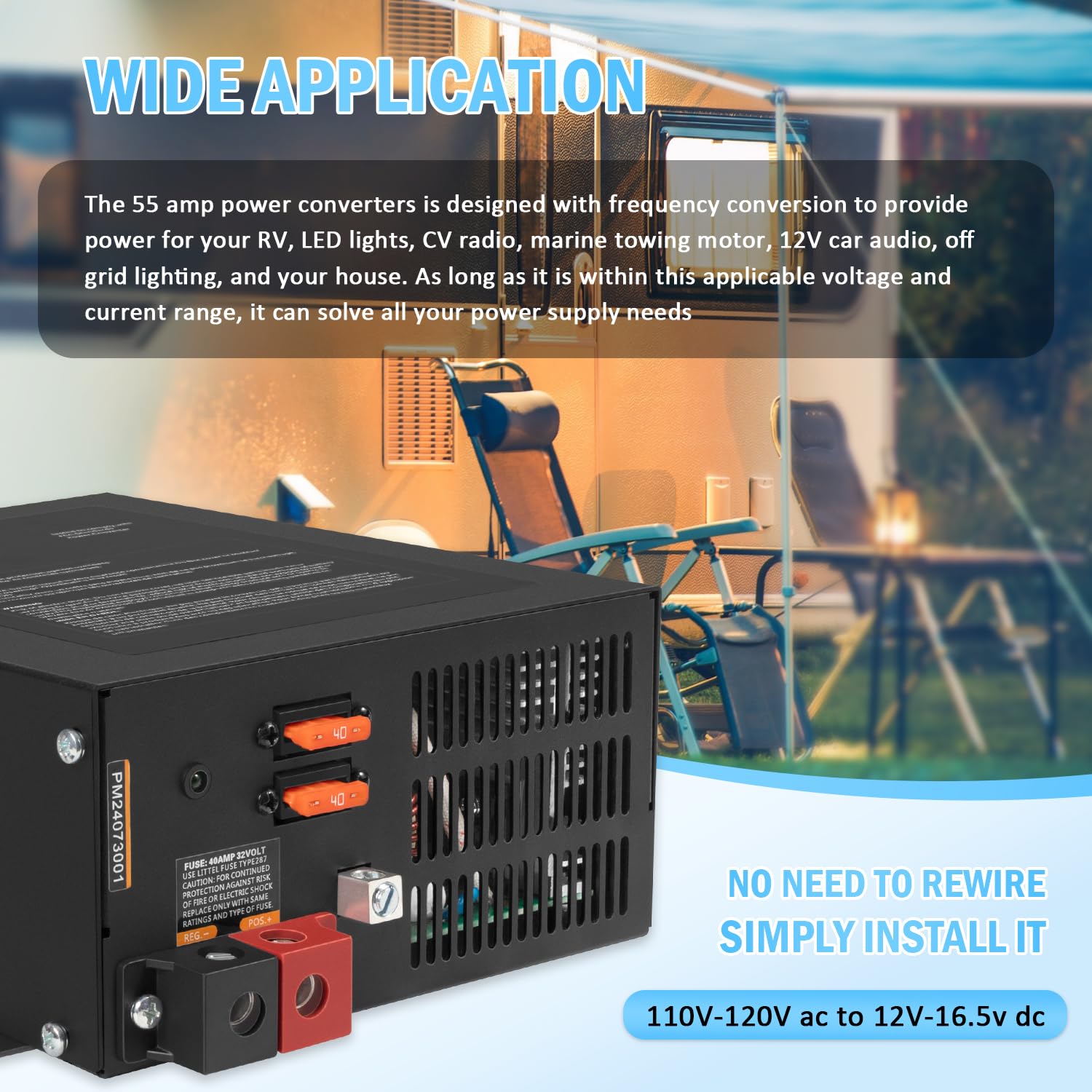 55 Amp RV Converter, 110Vac to 12Vdc Power Converter & Battery Charger with 4 Stage Smart Charging, 13V to 16.5V Operating Range, Replace for PM4 55A, WF-9800 Series