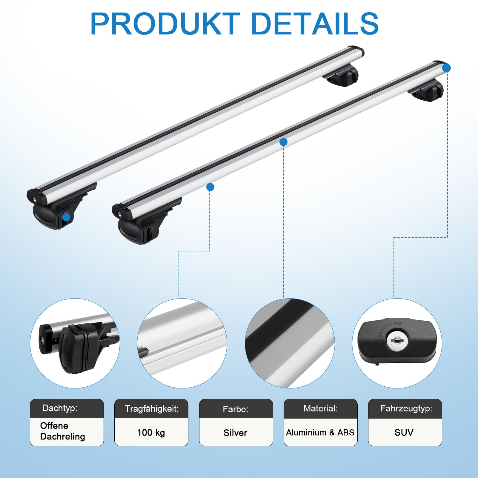 Barras de techo para coche, aluminio, distancia interior de la viga de techo 19-109 cm, apto para modelos con rieles de techo abiertos, soporta hasta 100 kg, adecuado para SUV y otros vehículos