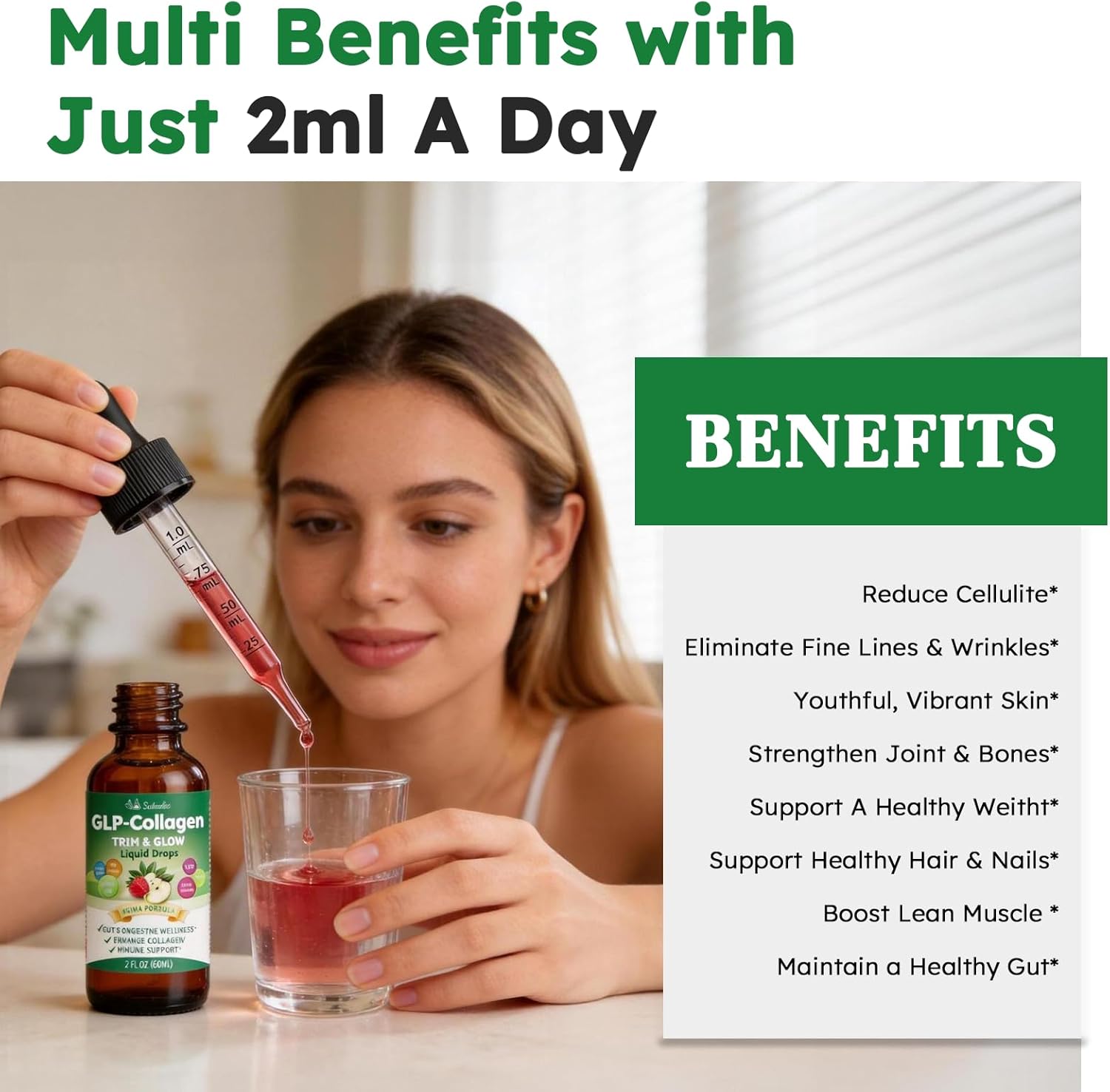 Liquid Collagen for Women, GLP Friendly 10-in-1 Multi Collagen Trim & Glow with Hyaluronic Acid Biotin Green Tea & ACV, Hydrolyzed Collagen Burn Drops for Digestive Gut Skin Health & Hair Growth
