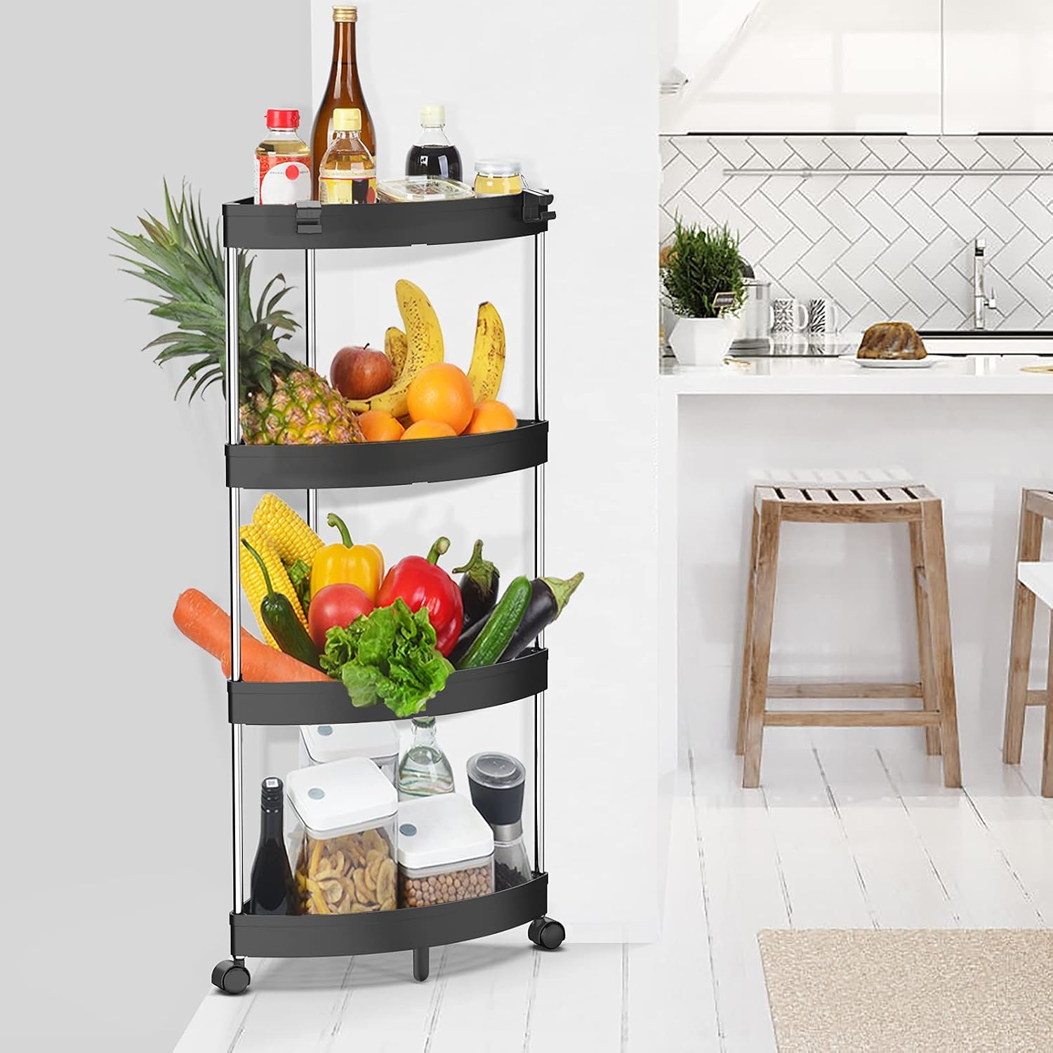 SOLEJAZZ 4-Tier Corner Shelves, Corner Display Rack Bathroom Cart Organizer, Storage Cart Mobile Shelving Unit Organizer Space Saver Shelf for Living Room, Bathroom, Laundry Room, Kitchen, Black