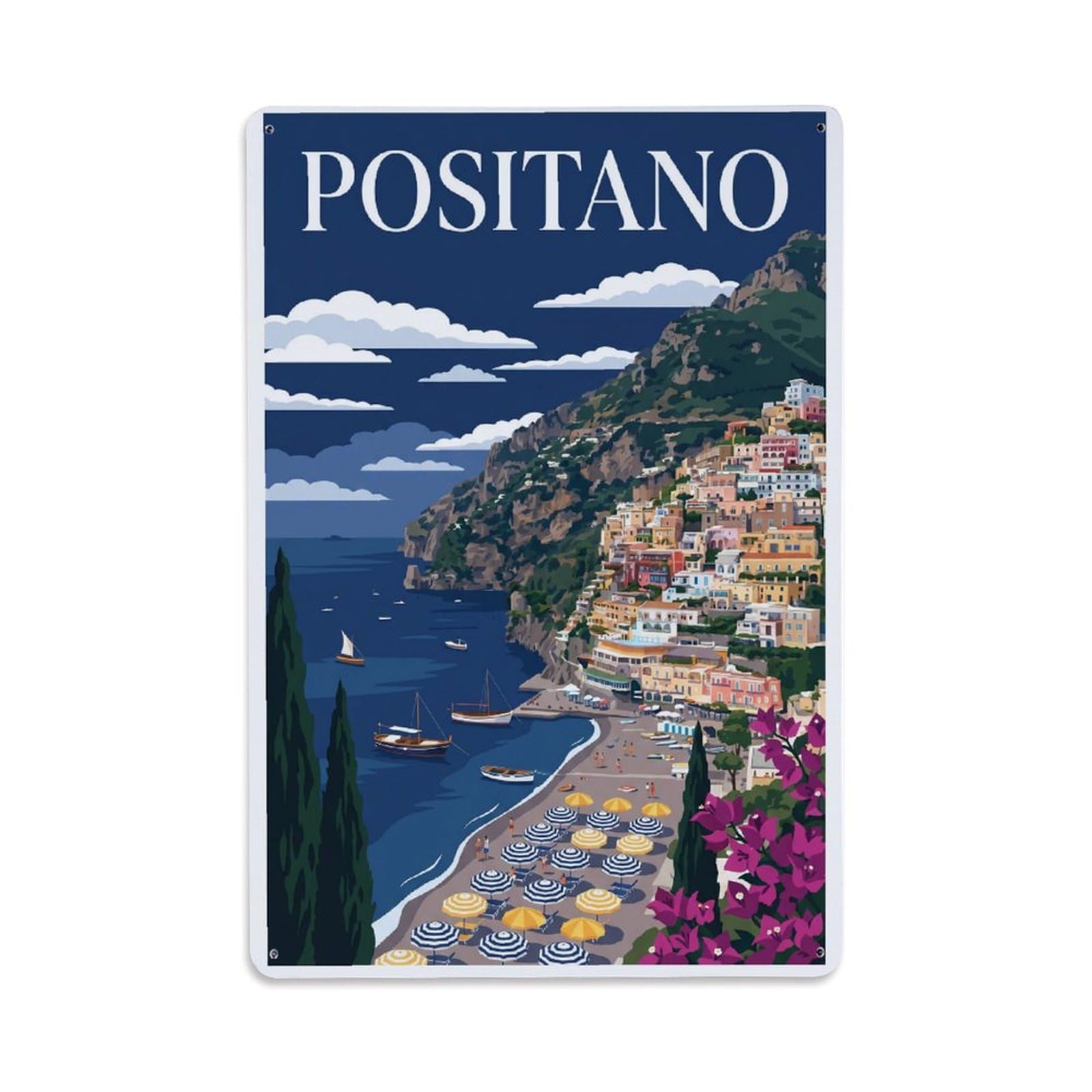 Vintage Travel Positano Italy Navy Metal Tin Sign Plaque Wall Decor for Cafe, Club Bar, Office, Garden Metal Poster 8x12Inch