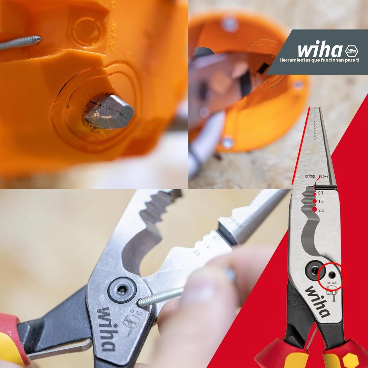 Wiha Alicates multifunción para electricistas 8 en 1 I Crimpar, pelar, cortar, agarrar, desbarbar, doblar, atornillar, cortar tornillos (45705)