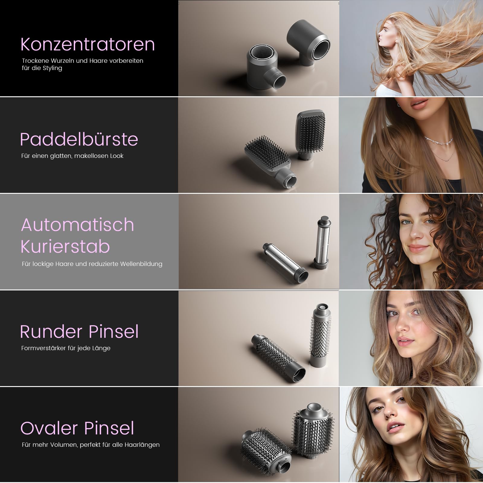 Hairstyler 6 In 1 Airstyler mit Rundbürstenföhn, 110.000 U/min, 1400W Airwrap für Locken, Volumen, Glätten, Trocknen, Grey