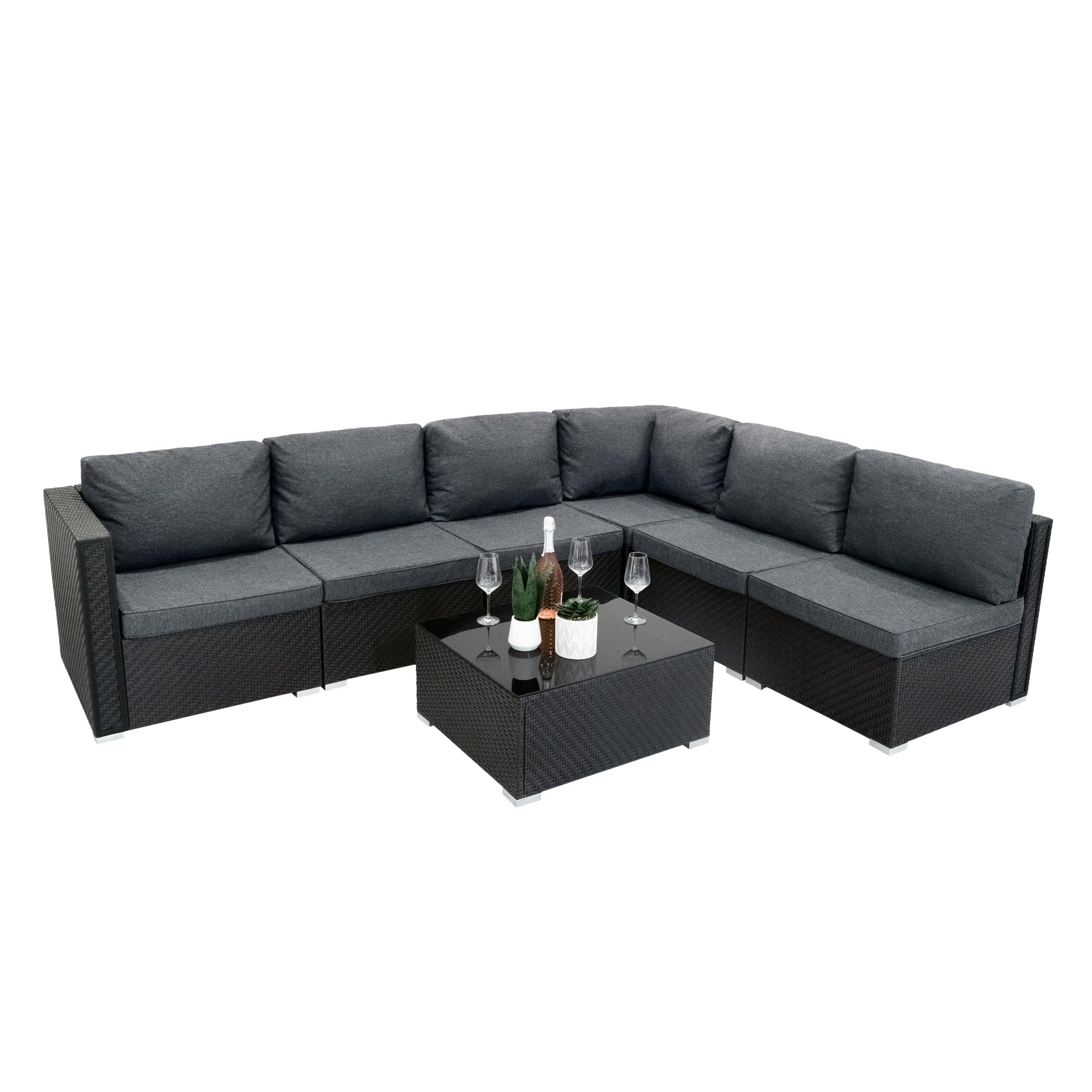 Monster Shop Set Mobili da Giardino 7 Pezzi in Rattan Nero – Divano Modulare 5 Posti con Cuscini Lavabili, Tavolino in Vetro, Copertura Impermeabile, per Esterno, Terrazzo e Veranda
